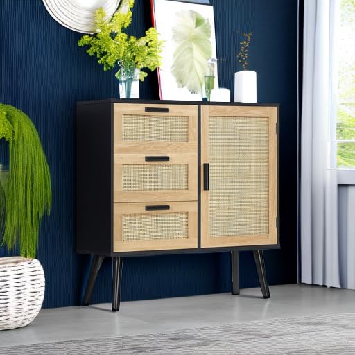 Iwell Rattan Storage Cabinet with 3 Drawers & Adjustable Shelf - Entryway, Living Room, Dining Room Accent Cabinet - Black & Natural for Home Organization & Stylish Decor
