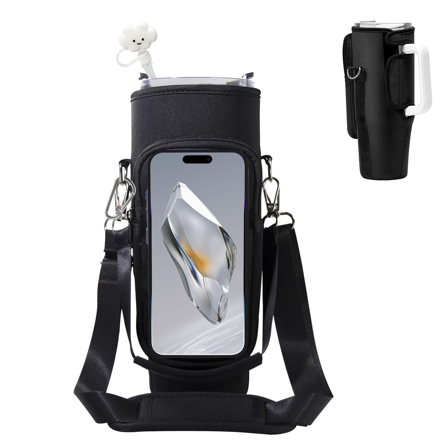 **Neoprene Water Bottle Holder Pouch with Adjustable Strap & Carabiner - Fits Stanley 40 oz Tumbler & Other Large Cups - Phone Pocket & Insulated Design for Gym, Hiking, Travel & Outdoor Activities**