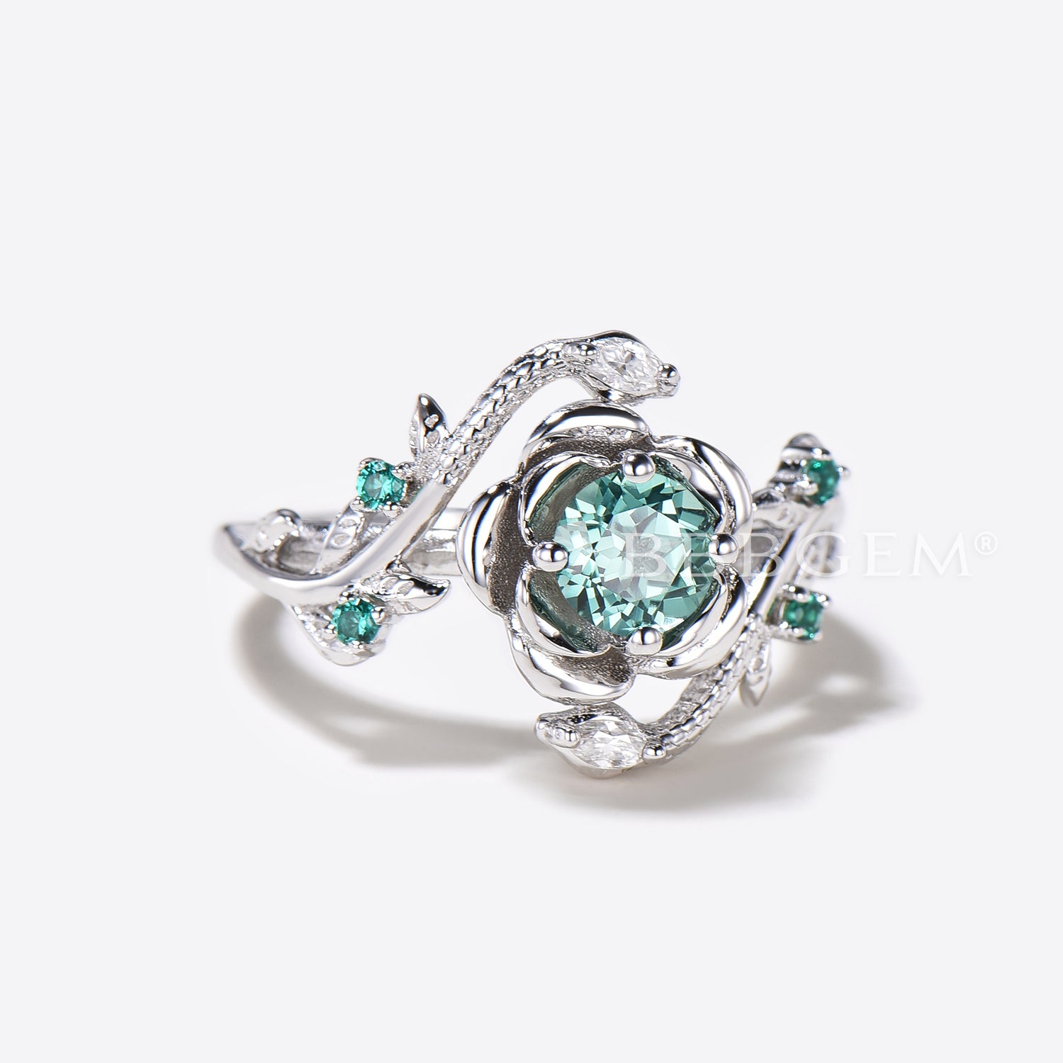White Gold Snake Engagement Ring with Round Green Sapphire - Elegant Floral Design for Women, Perfect for Wedding, Proposal, Anniversary & Special Occasions