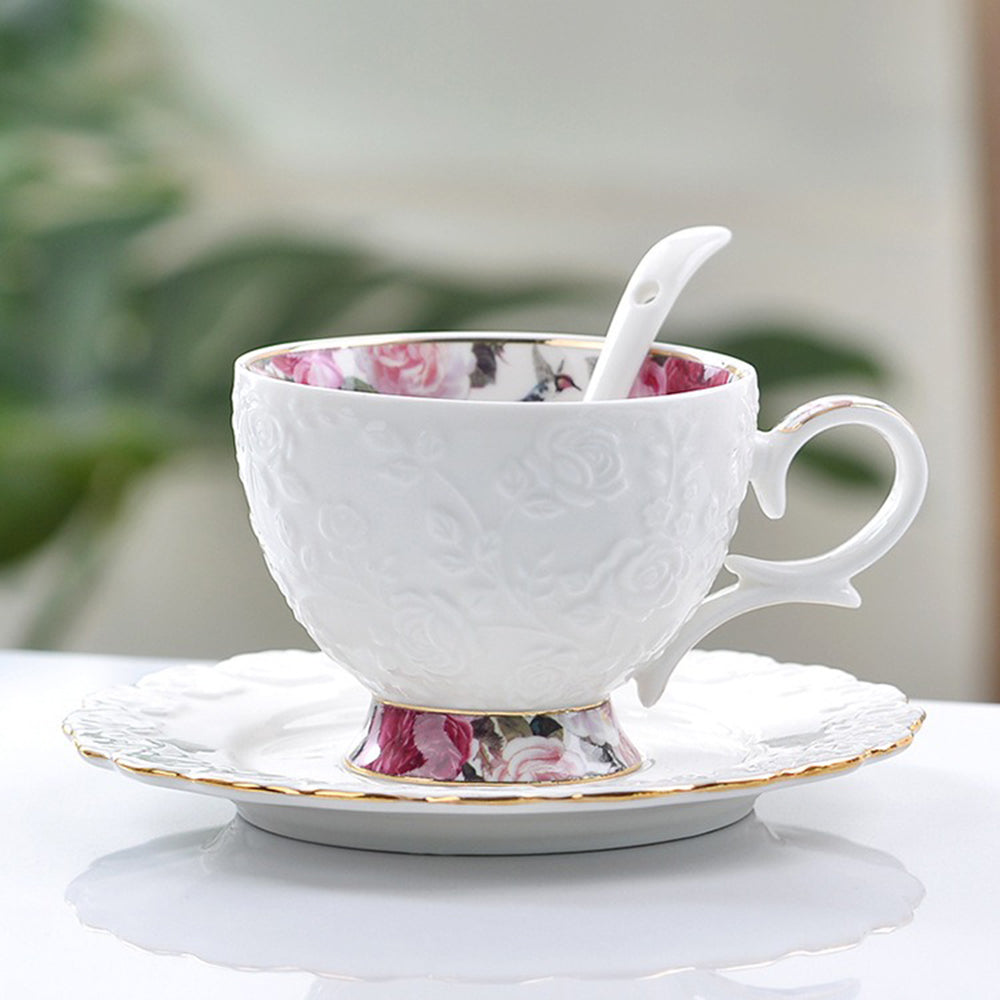Elegant Rose Engraved Bone China Tea Set - 16-Piece Floral Porcelain Tea Service for Afternoon Tea, Bridal Shower & Gift Giving