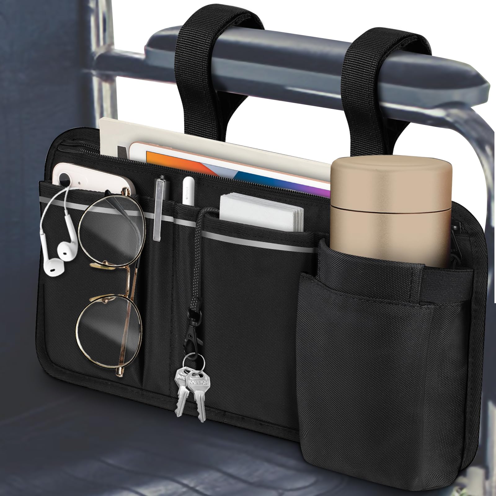 FINPAC Wheelchair Side Organizer Bag with Cup Holder & Pen Slot - Universal Wheelchair Accessories Pouch with Reflective Strips for Power Wheelchairs, Walkers, Rollators - Perfect for Adults and Seniors - Black - Ideal for Daily Use, Travel, and Outdoor Activities