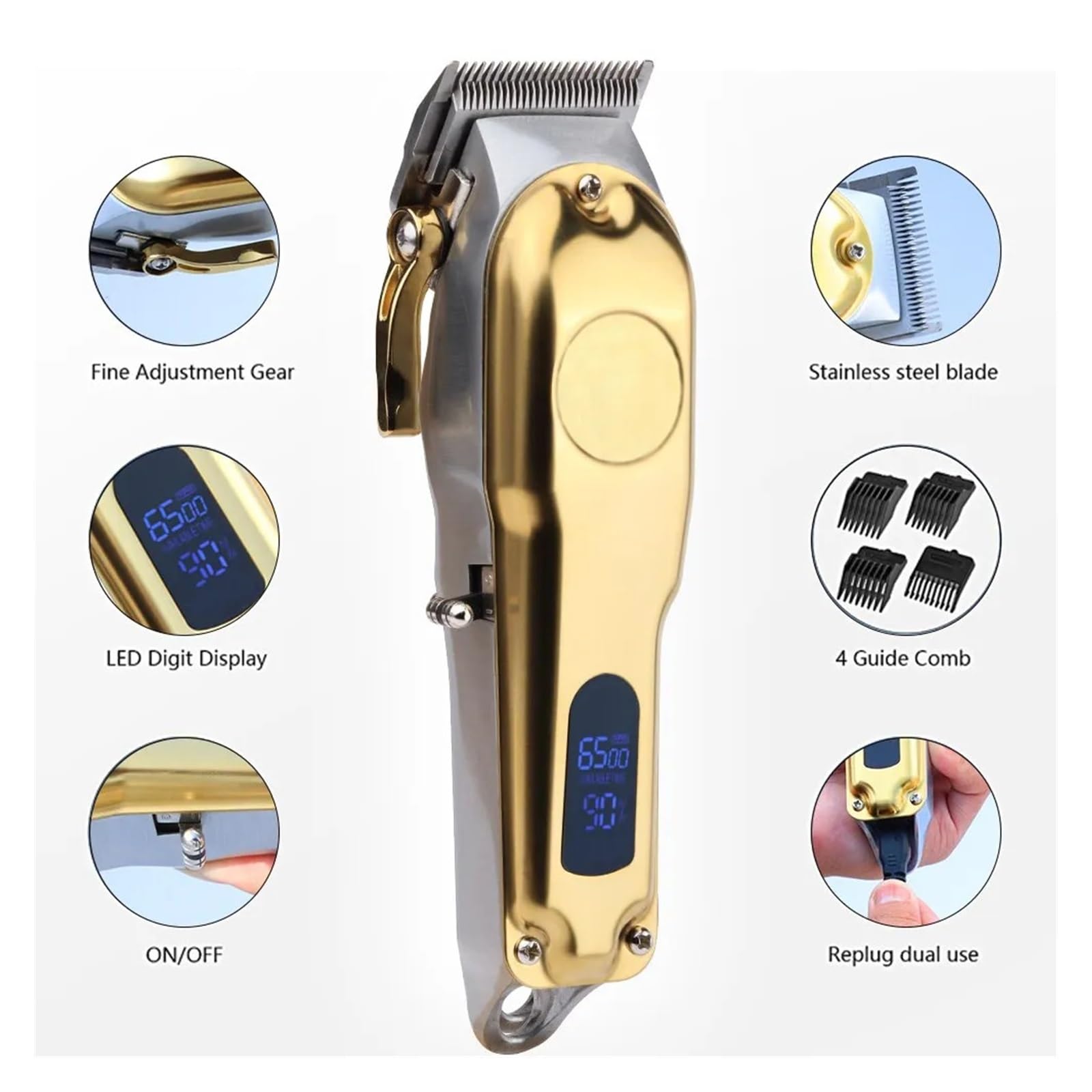 Professional Electric Hair Clipper for Men - Rechargeable USB Metal Hair Trimmer & Shaver with Gold Finish | Barber-Grade Cutting Machine for Home & Salon Use