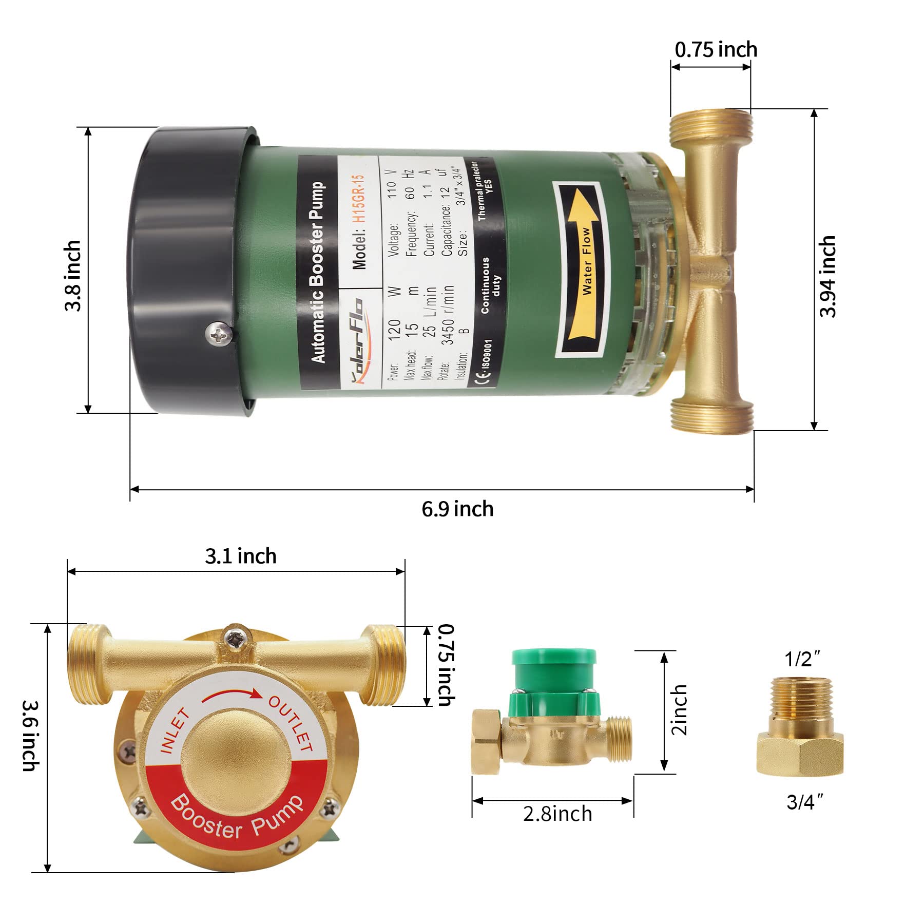120W High-Pressure Water Booster Pump 115VAC, 396 GPH, 21.7 PSI - Automatic Household Water Pressure Booster with Flow Switch for Kitchen, Bathroom, Shower & Garden Irrigation (H15GR-15) - Perfect for Low Water Pressure Homes & Apartments