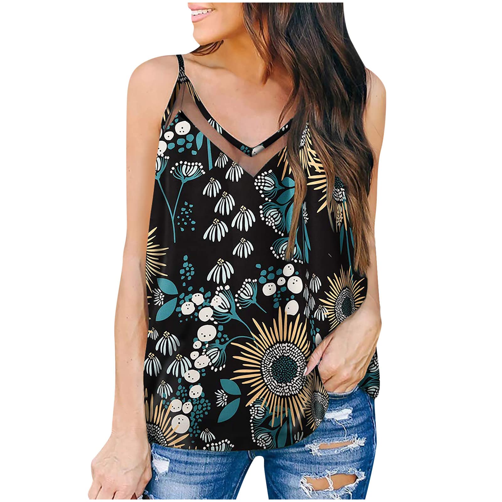 Women's Cute Summer Tank Tops - V Neck Oversized Floral Print Spaghetti Strap Cami Shirts | Casual Beachwear, Vacation Outfits & Summer Fashion