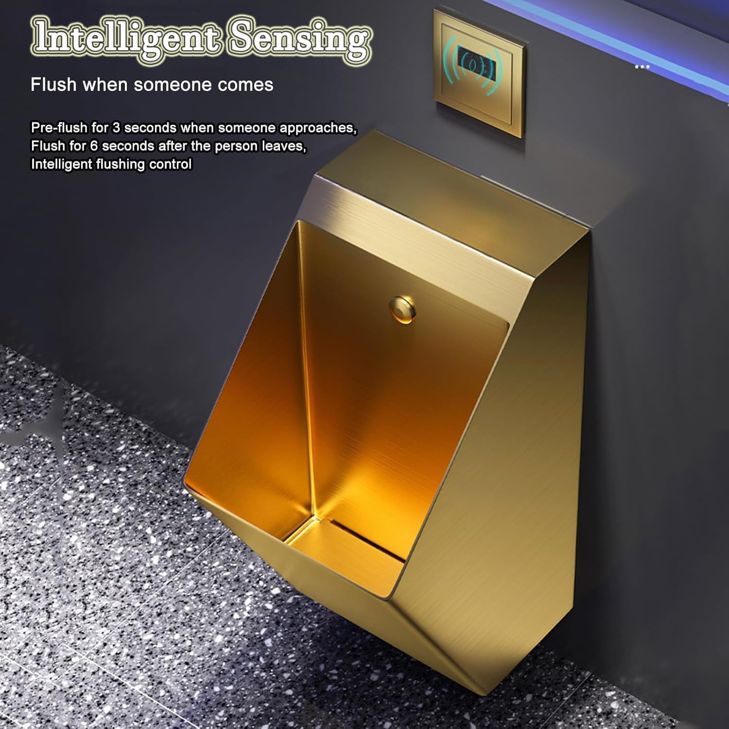 Stainless Steel Wall-Mounted Urinal - Automatic Sensor Flush Toilet for Men (Black/Gold) | 304 Stainless Steel Intelligent Induction Urinal | Ideal for Commercial Restrooms, Public Washrooms & Modern Home Bathrooms