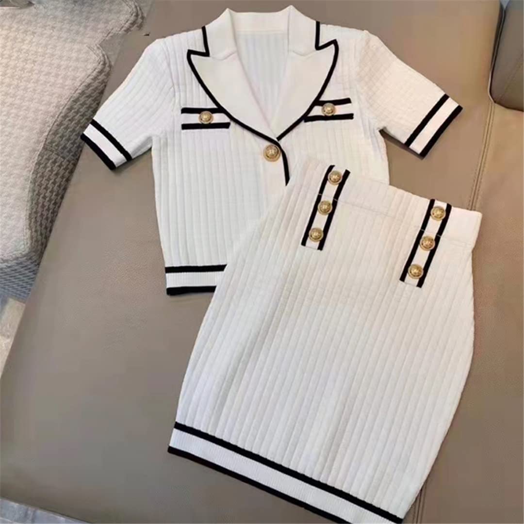 Women's Summer Outfit - Gold Button Short Knitted Cardigan & Mini Skirt Two-Piece Set (White) | Casual Chic Look for Beach, Date Night & Summer Vacation