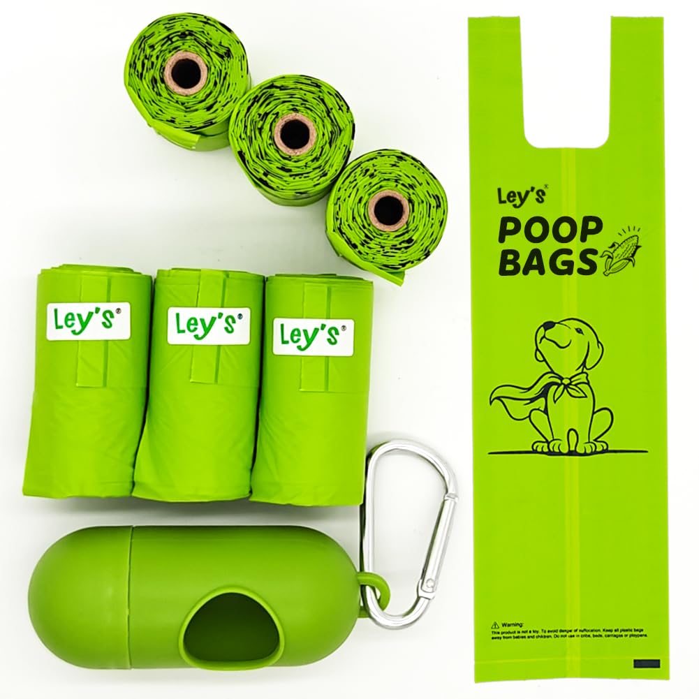 Ley's Eco-Friendly Compostable Dog Poop Bags - Plant-Based Biodegradable Waste Bags with Easy Tie Handles | Unscented, Vegetable-Based Dog Waste Bags Refill Rolls | Perfect for Park Walks, Backyard Cleanup & Travel
