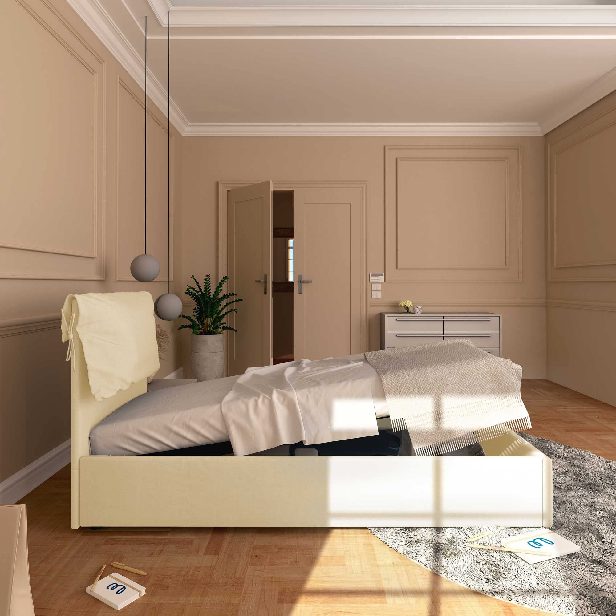 Baldiflex Single Bed with Storage - Licia Soft Synthetic Leather Upholstery, Slatted Base for Single Mattresses, 90 x 200 cm, Cream Color with Padded Headboard - Perfect for Small Bedrooms, Guest Rooms & Studio Apartments