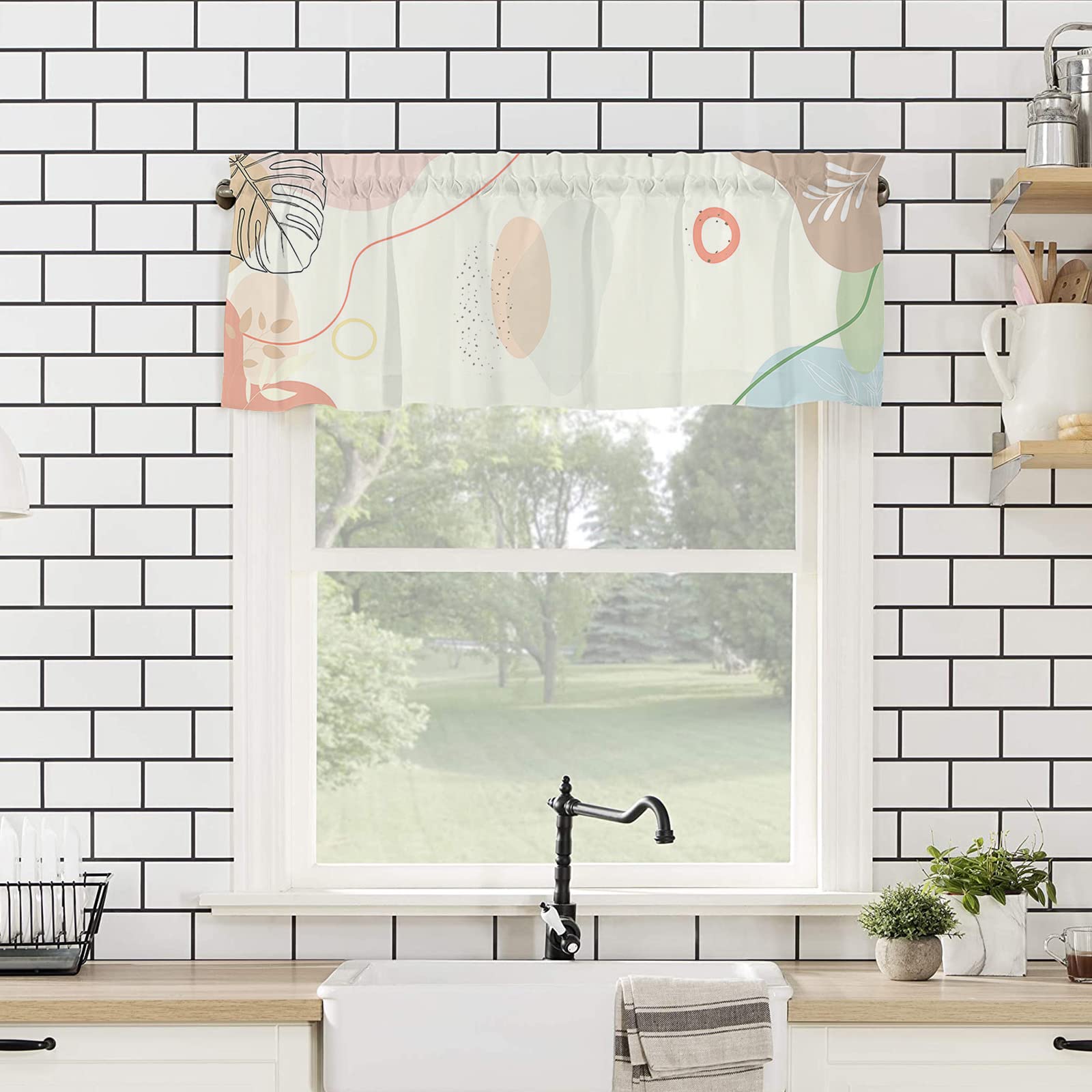 Modern Simple Abstract Boho Leaf Block Print Rod Pocket Window Valance Curtain Panel - Kitchen & Cafe Curtain Topper for Small Windows, Home Decor, Drape Treatment | Perfect for Boho Chic, Farmhouse & Minimalist Interior Design Styles