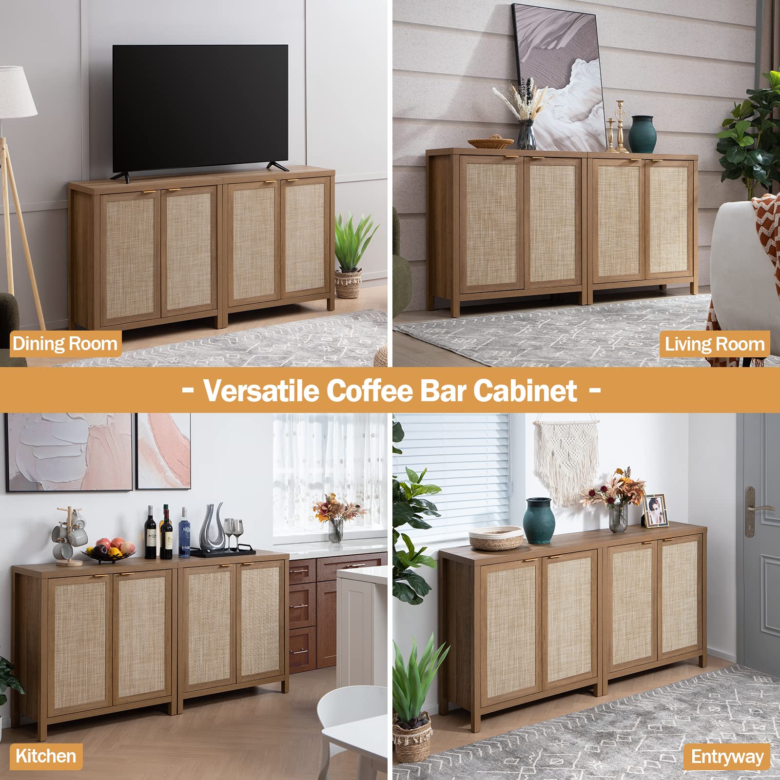 SICOTAS 2-Piece Rattan Sideboard Buffet Cabinet - Farmhouse Kitchen Storage, Coffee Bar Console Table - Boho Accent Furniture for Entryway, Living Room - Oak Wood Finish | Perfect for Home Decor, Dining Room Storage & Entertainment Areas