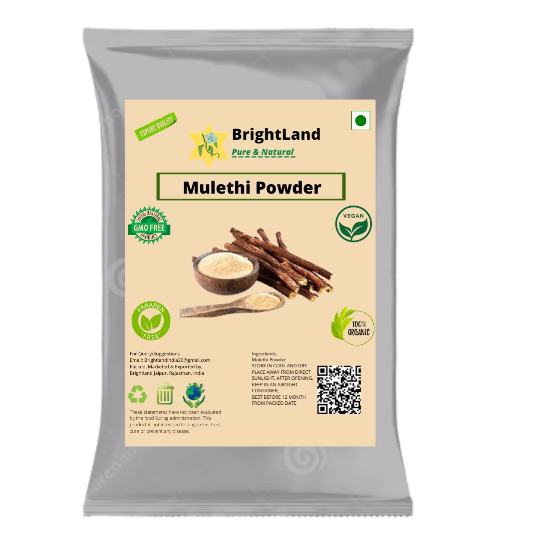 Brightland Bio Organic Mulethi Powder (Licorice Root Powder) - 100g | Natural Ayurvedic Yashtimadhu for Glowing Skin, Healthy Hair & Body Care | Perfect for DIY Face Masks, Hair Treatments & Herbal Remedies