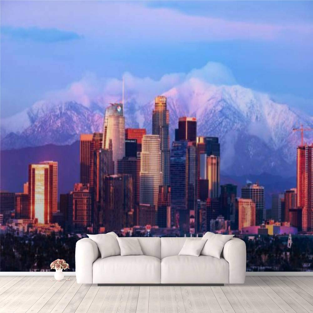 3D Self-Adhesive Wallpaper - Downtown Los Angeles Skyline with Snowy Mountains | Peel & Stick Wall Mural for Bedroom, Living Room, Dorm Decor | Perfect for Walls, Ceilings & Wardrobes | Easy Home & Office Decoration Upgrade