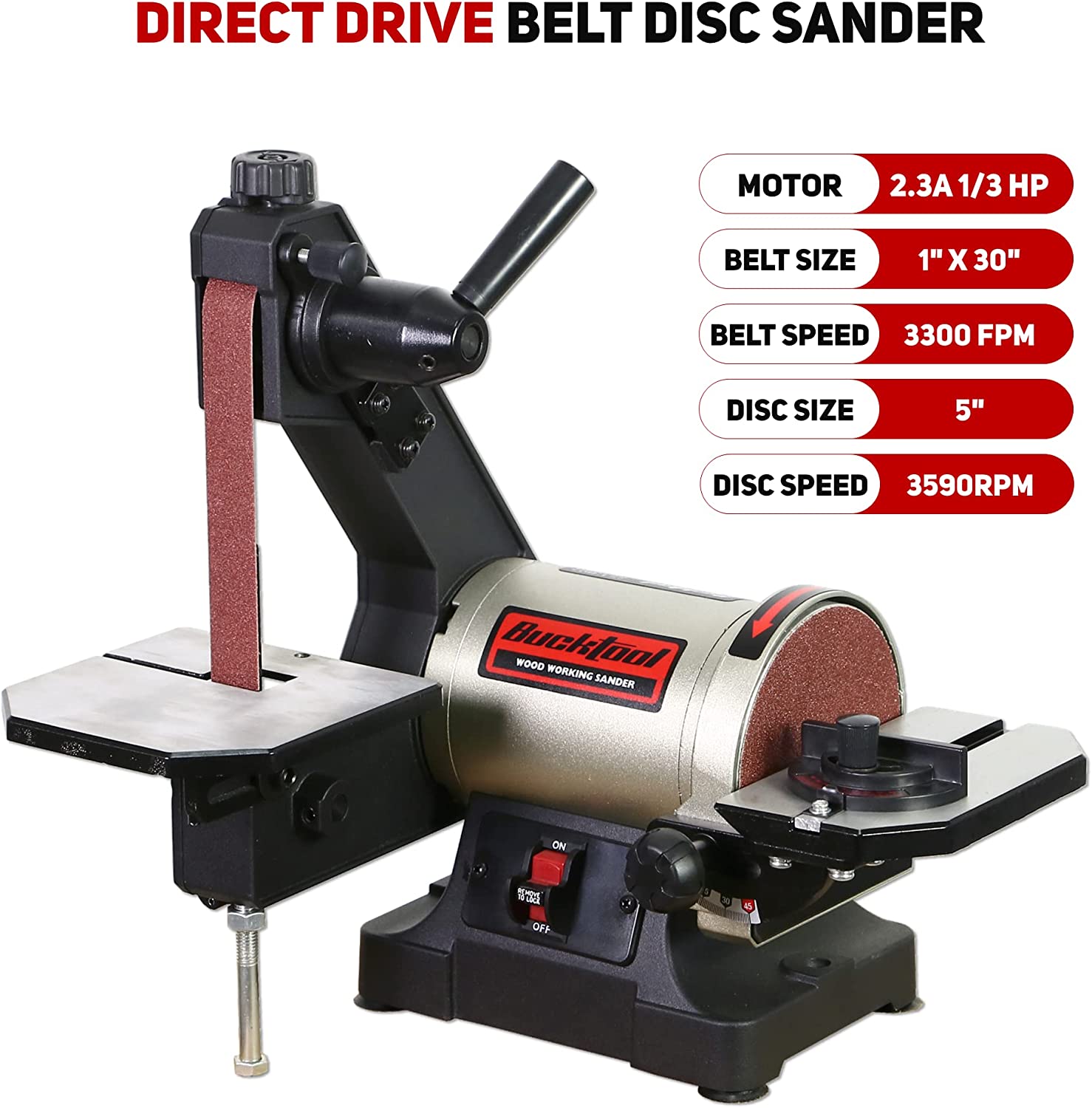 Bucktool 1x30 Inch Benchtop Belt Sander - 1/3HP Direct Drive Motor for Woodworking, Metal Polishing & Knife Sharpening - Compact Power Tool for DIY Projects & Professional Workshops