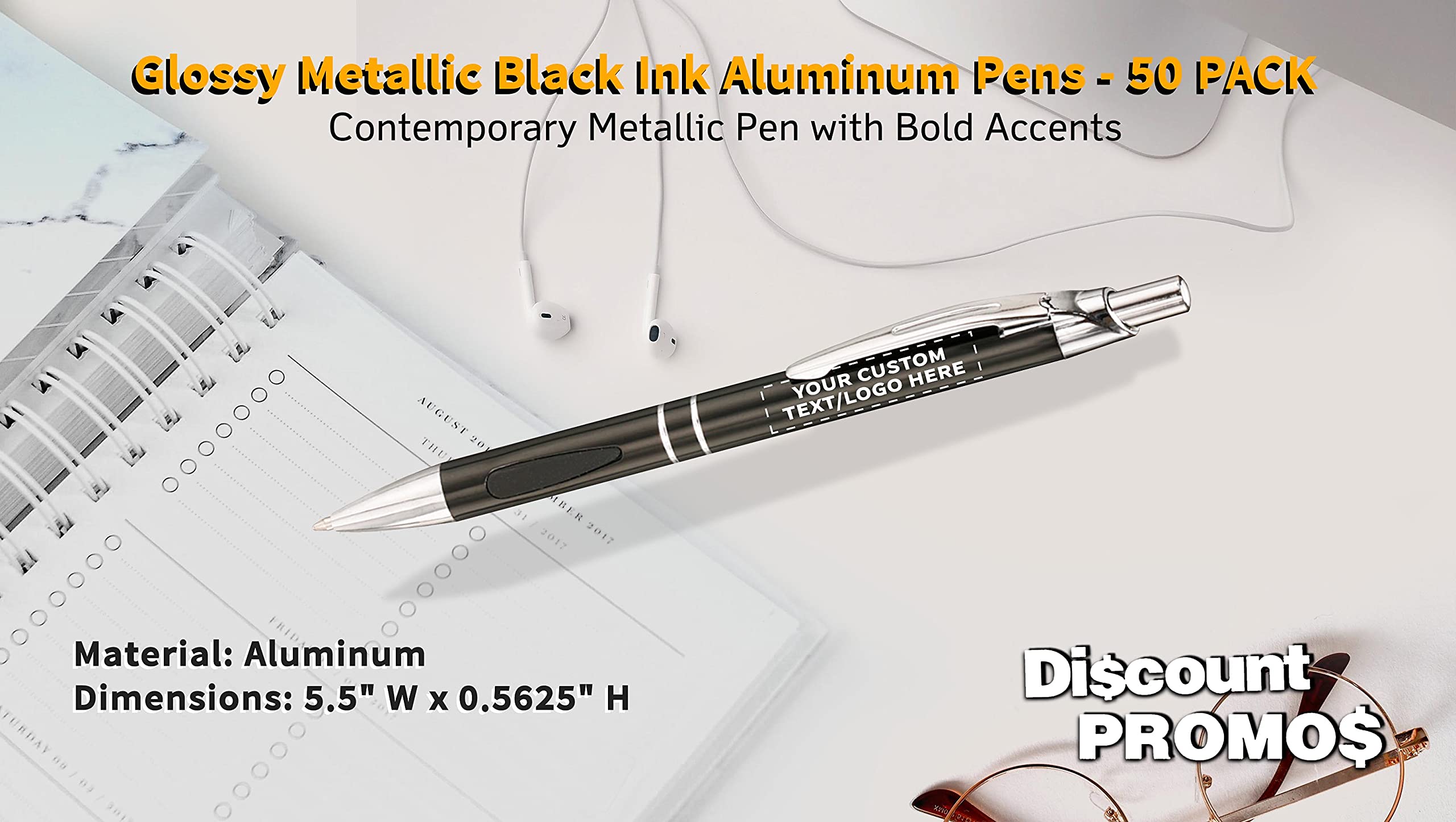 50 Pack Black Ink Metal Pens with Custom Text & Logo - Retractable Ballpoint Pens with Silver Accents - Premium Office & Business Writing Supplies for Gifts, Promotions & Corporate Branding