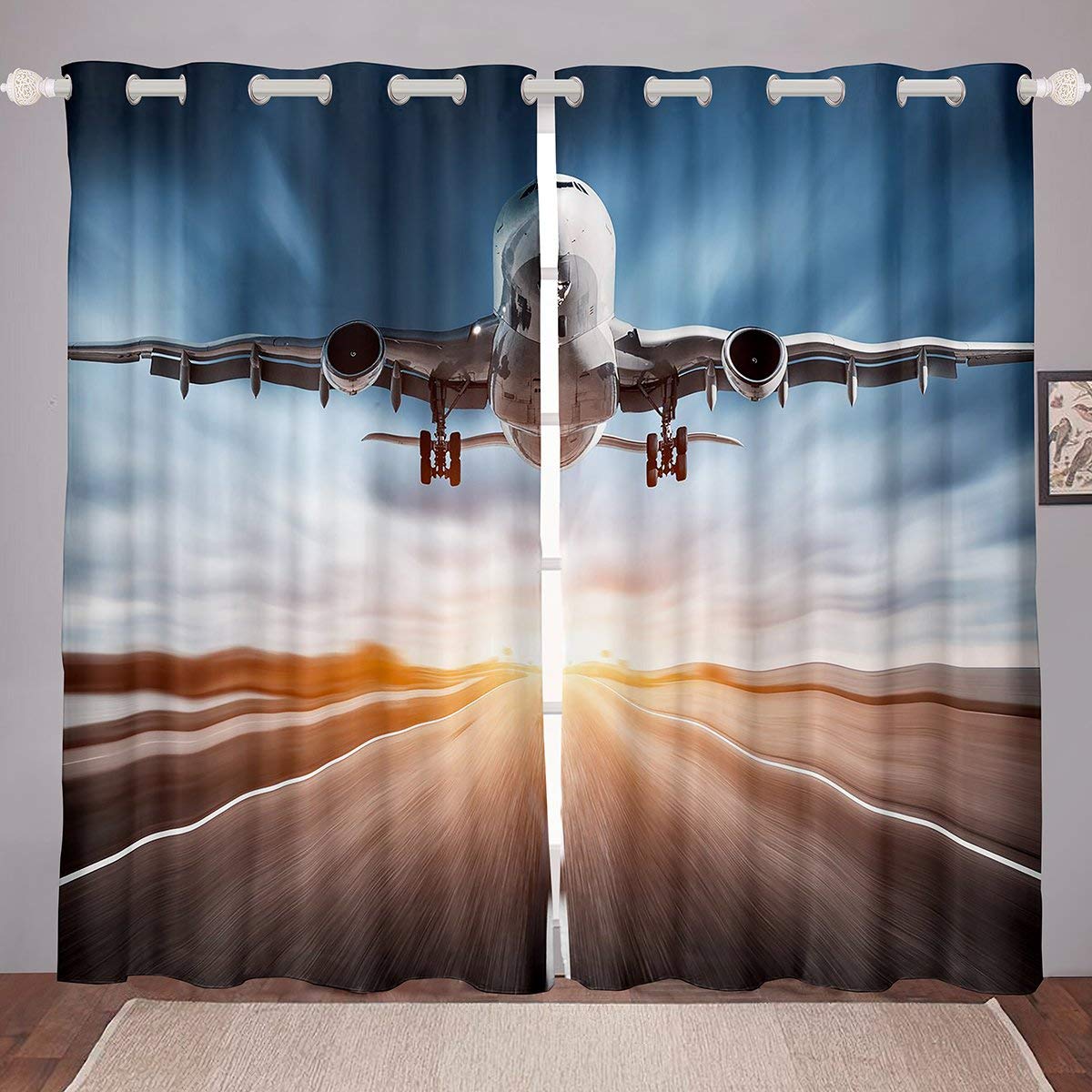 Erosebridal Blue Sky Aviation 3D Airplane Printed Window Curtains - 104