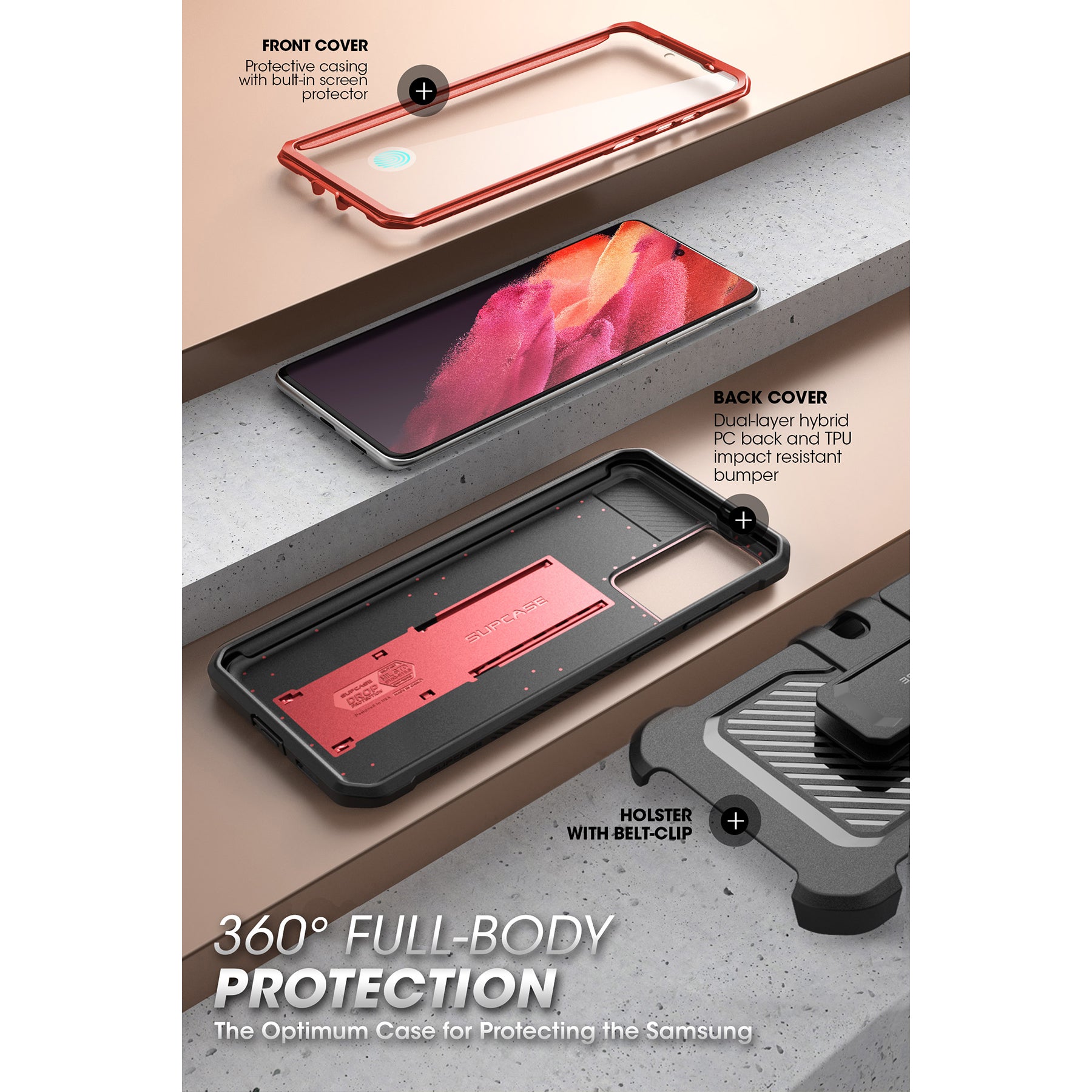 Samsung Galaxy S21 FE Unicorn Beetle Pro Rugged Case - Heavy Duty Protection, Shockproof & Durable Cover in Metallic Red - Perfect for Outdoor, Work & Extreme Sports