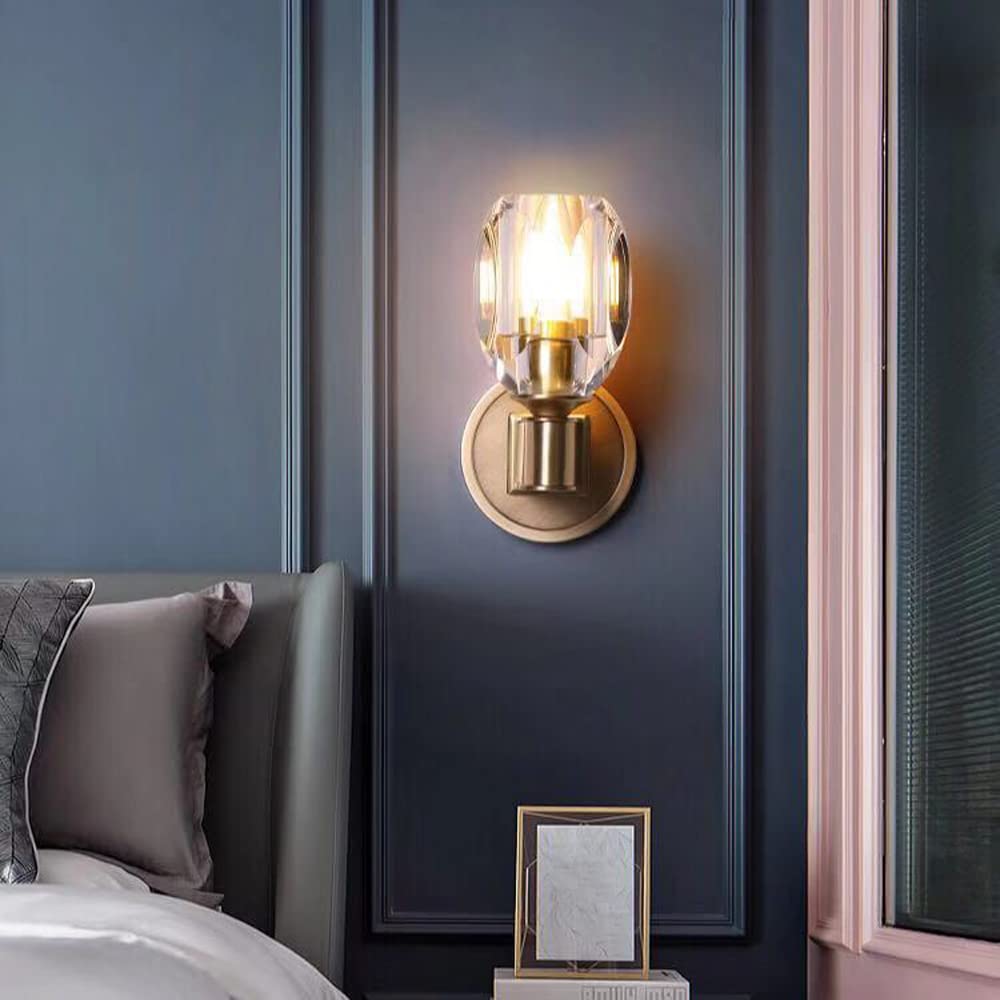 Luxury Crystal Wall Light - All Copper Indoor Wall Lighting Fixtures, Bedroom Wall Sconces with E14 LED Bulbs | Nordic Minimalist Design for Living Room, Bedside & Hallway Decor