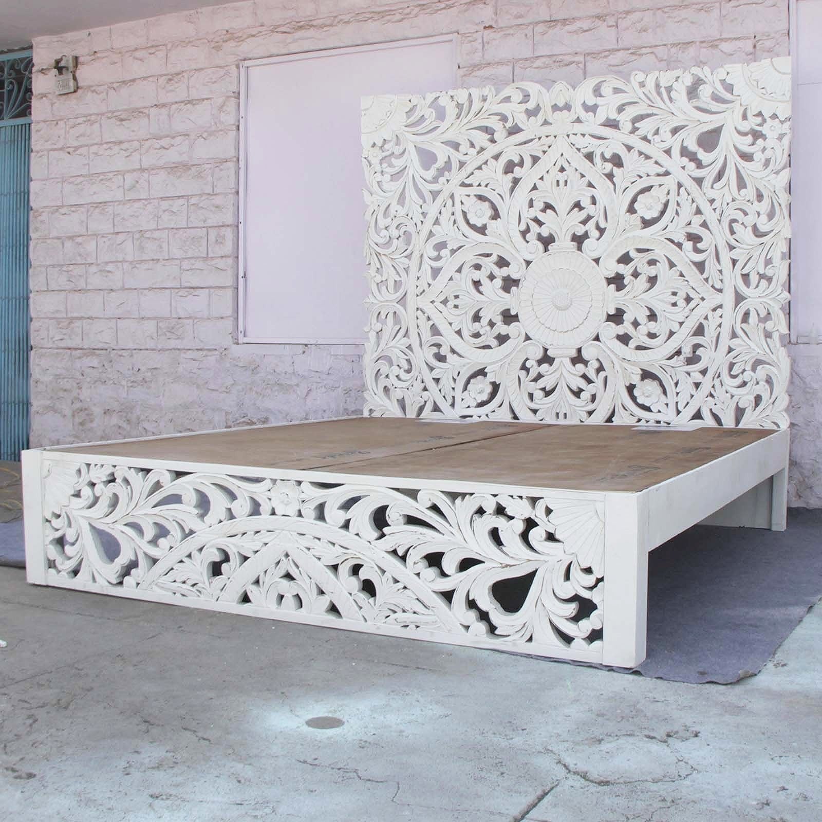 Hand Carved Indian Solid Wooden Amani Bed Frame - Queen Size White - Elegant Boho Bedroom Furniture for Master Bedroom or Guest Room