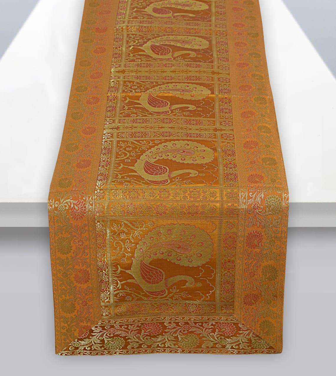Golden Silk Table Runner - Traditional Indian Floral Design Decorative Table Cloth, 72 Inch Yellow Centerpiece Cover for Dining Table, Wedding Decor & Home Decor