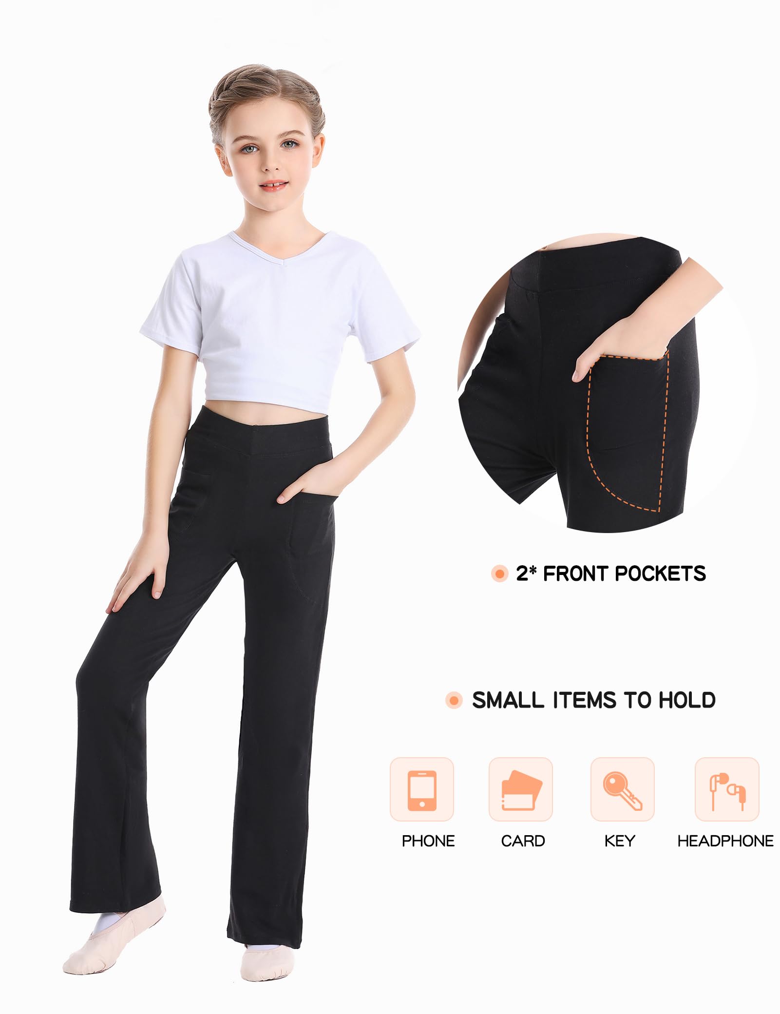 Phoeswan High Waisted Flare Leggings for Girls - Cotton Black Bell Bottom Pants | Full Length Jazz Dance Yoga Pants for Teens & Kids | Perfect for Dance Class, Yoga Practice & Casual Wear
