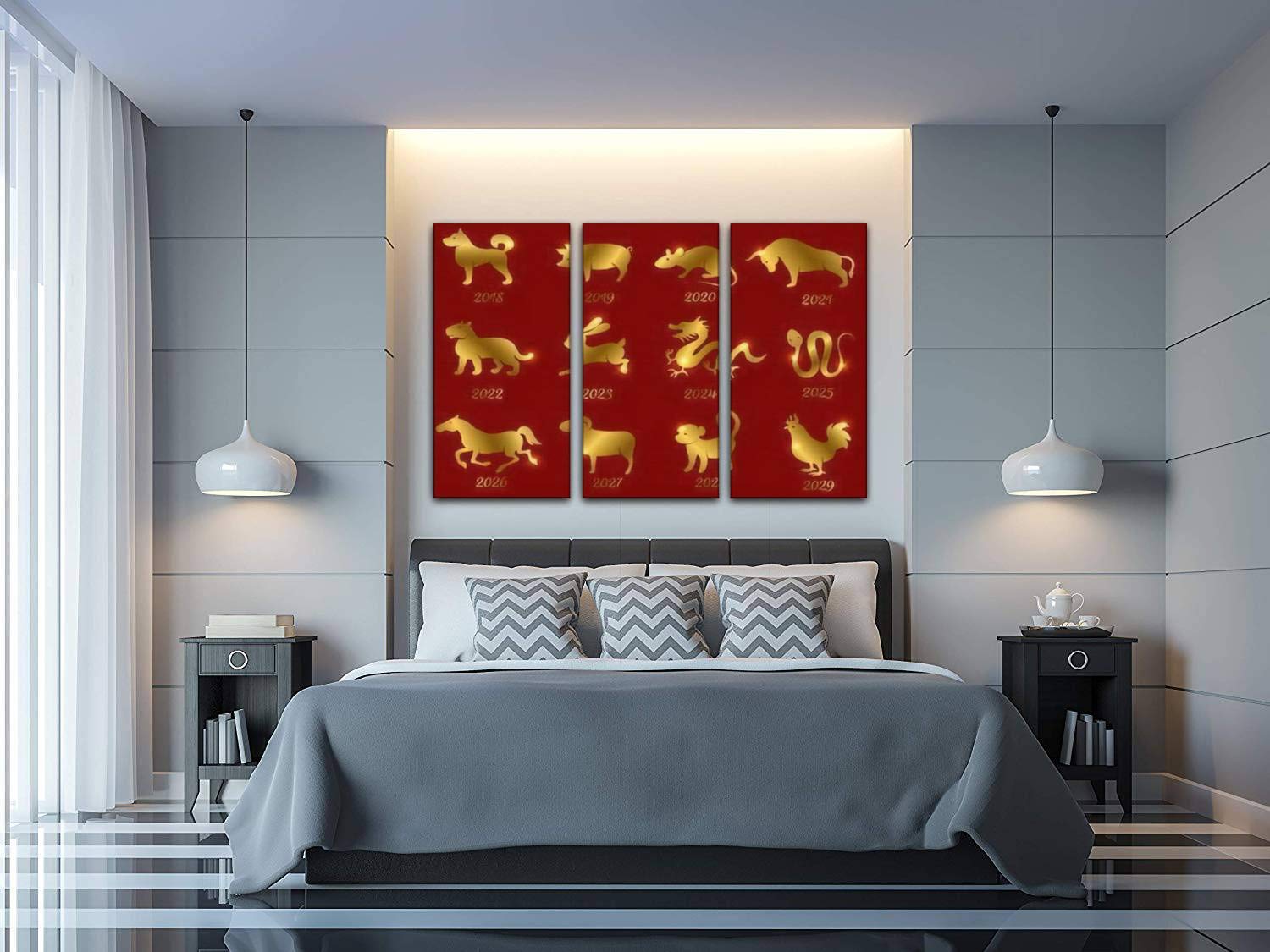 Chinese Zodiac Animals Gold Symbols Wall Art - 3 Panels Canvas Print Painting for Modern Home Decor | Perfect for Living Room, Bedroom & Office