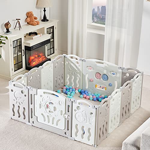 Albott Baby Playpen - 14 Panel Foldable Play Yard with Game Panel & Safety Gate, Adjustable Shape for Indoor/Outdoor Use - White & Grey - Perfect for Toddler Playtime, Home Safety, and Travel