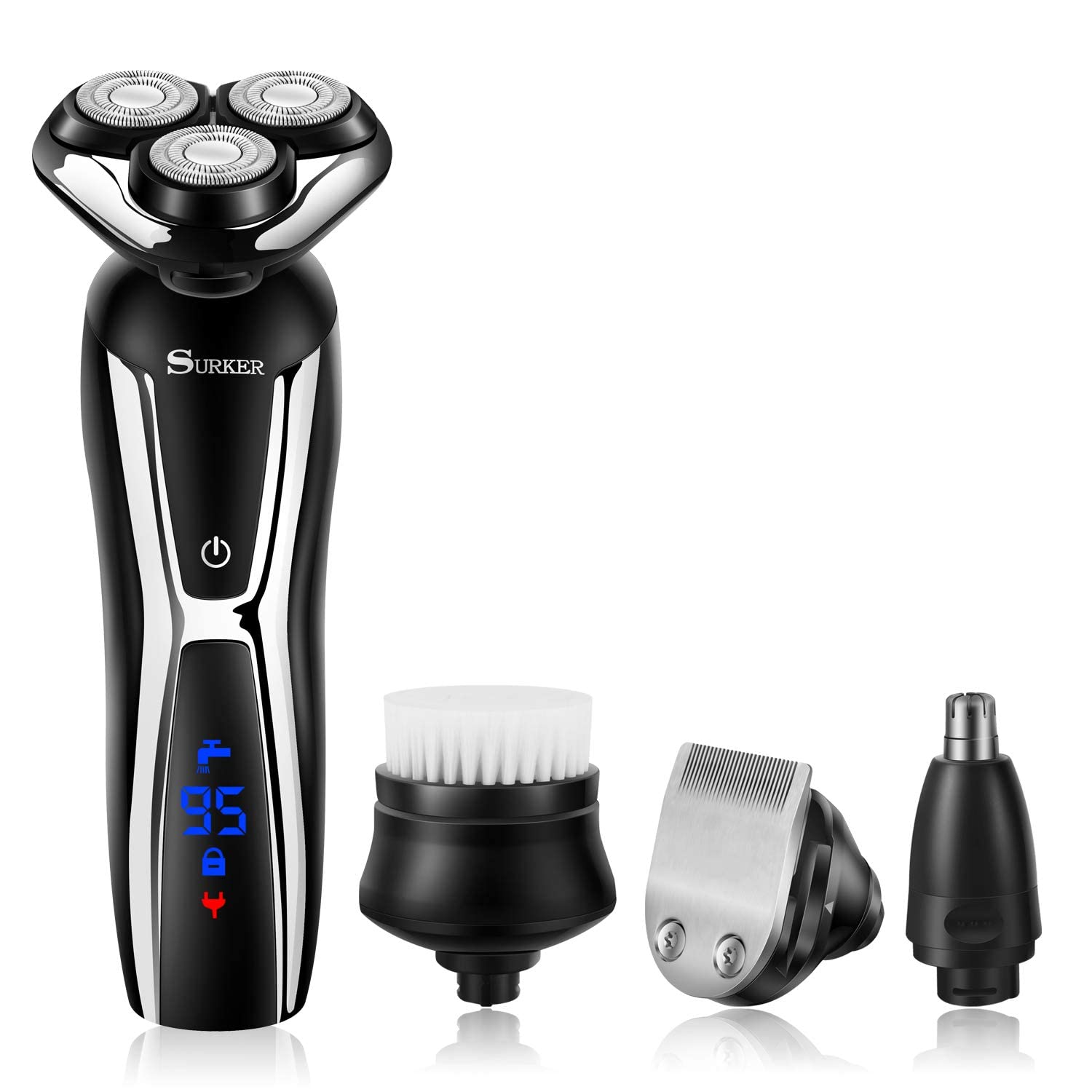 SURKER 3-in-1 Cordless Electric Shaver for Men - Waterproof Beard Trimmer, Nose Hair Trimmer & Facial Cleansing Brush Kit with USB Rechargeable (Dry/Wet Use) - Perfect for Travel, Gym & Daily Grooming Routine