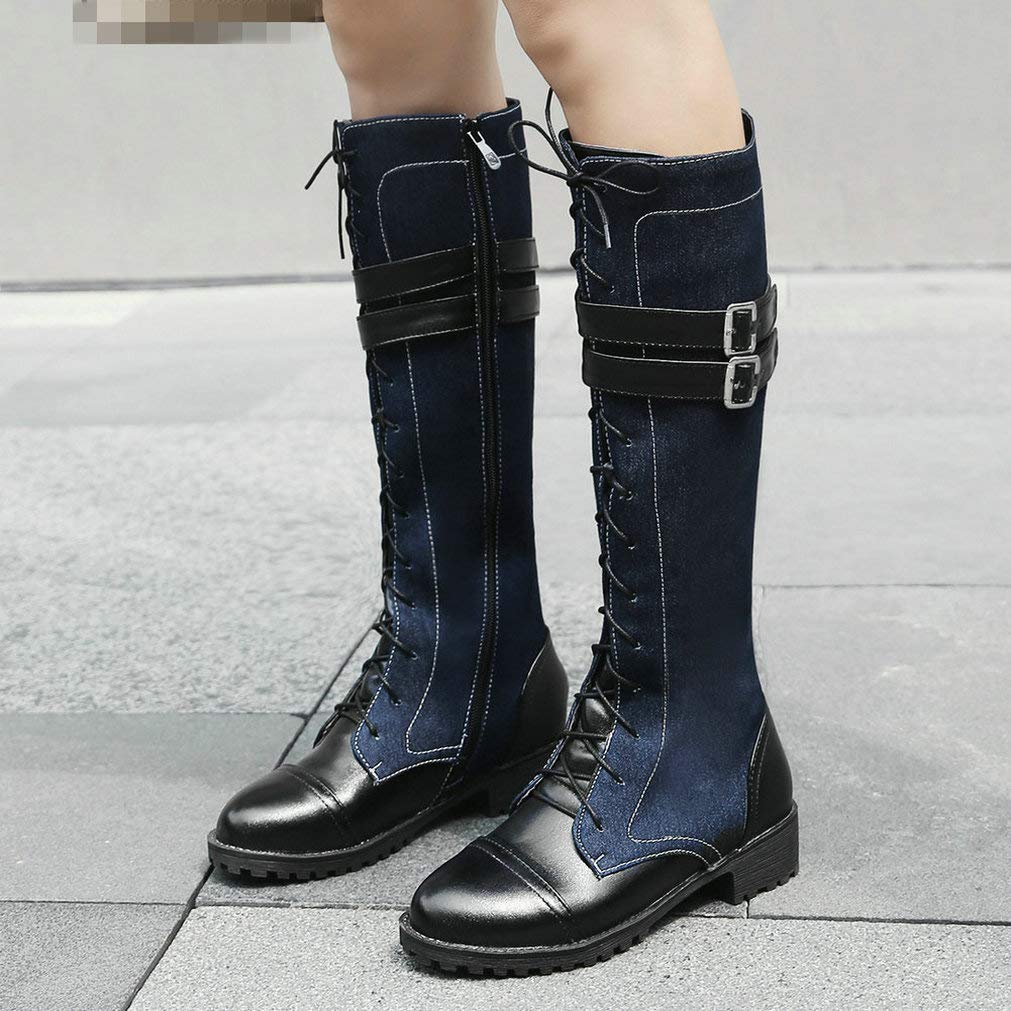 KOKOMOMO Women's Denim Knee High Boots - Low Heel Lace Up Combat Boots with Buckles for Skinny Calf | Stylish Casual & Streetwear Fashion for Everyday Wear, Outfits and Date Night