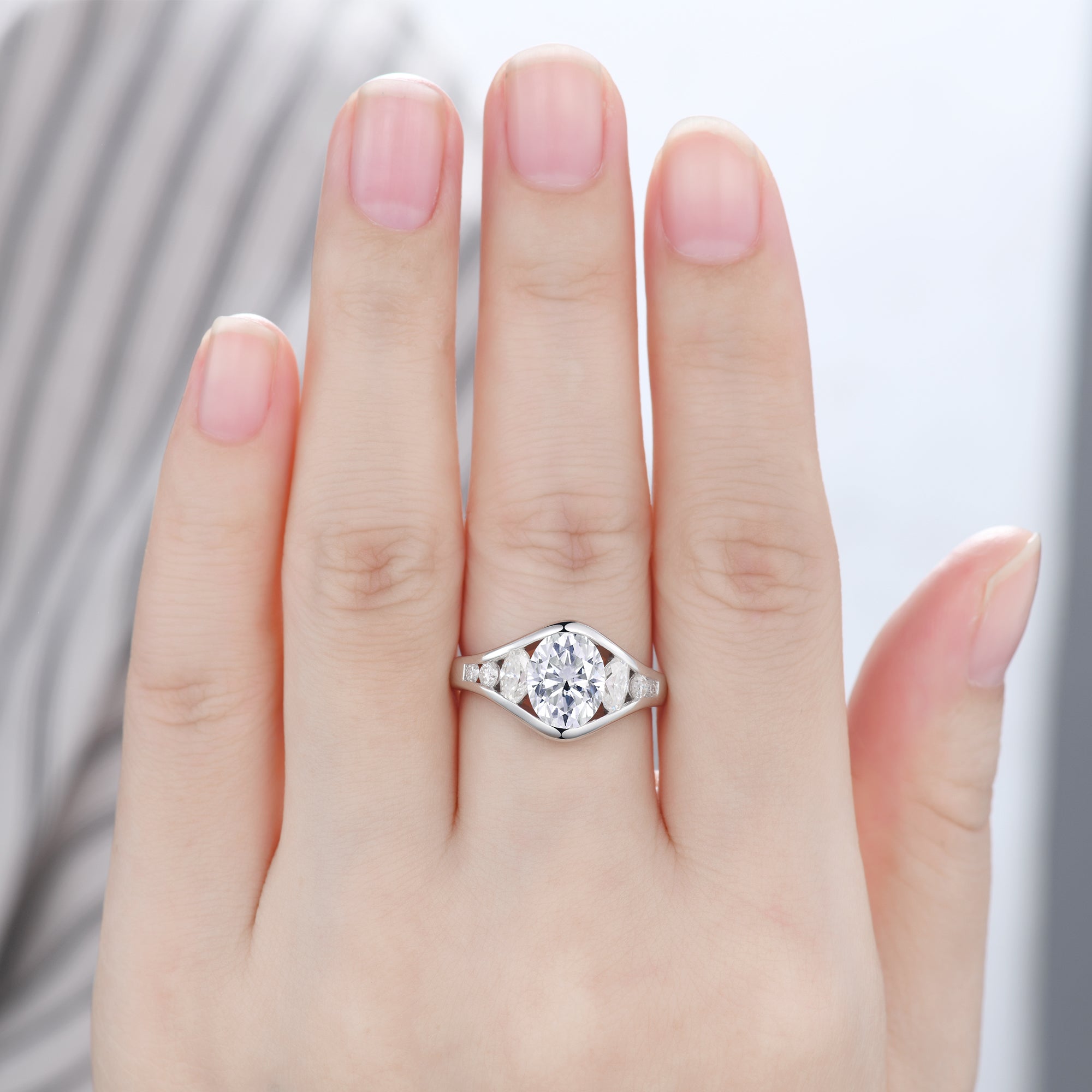 2 Carat Oval Moissanite Engagement Ring - Channel Set Semi Bezel Trilogy Wedding Band for Women | Perfect for Proposals, Anniversaries & Special Occasions