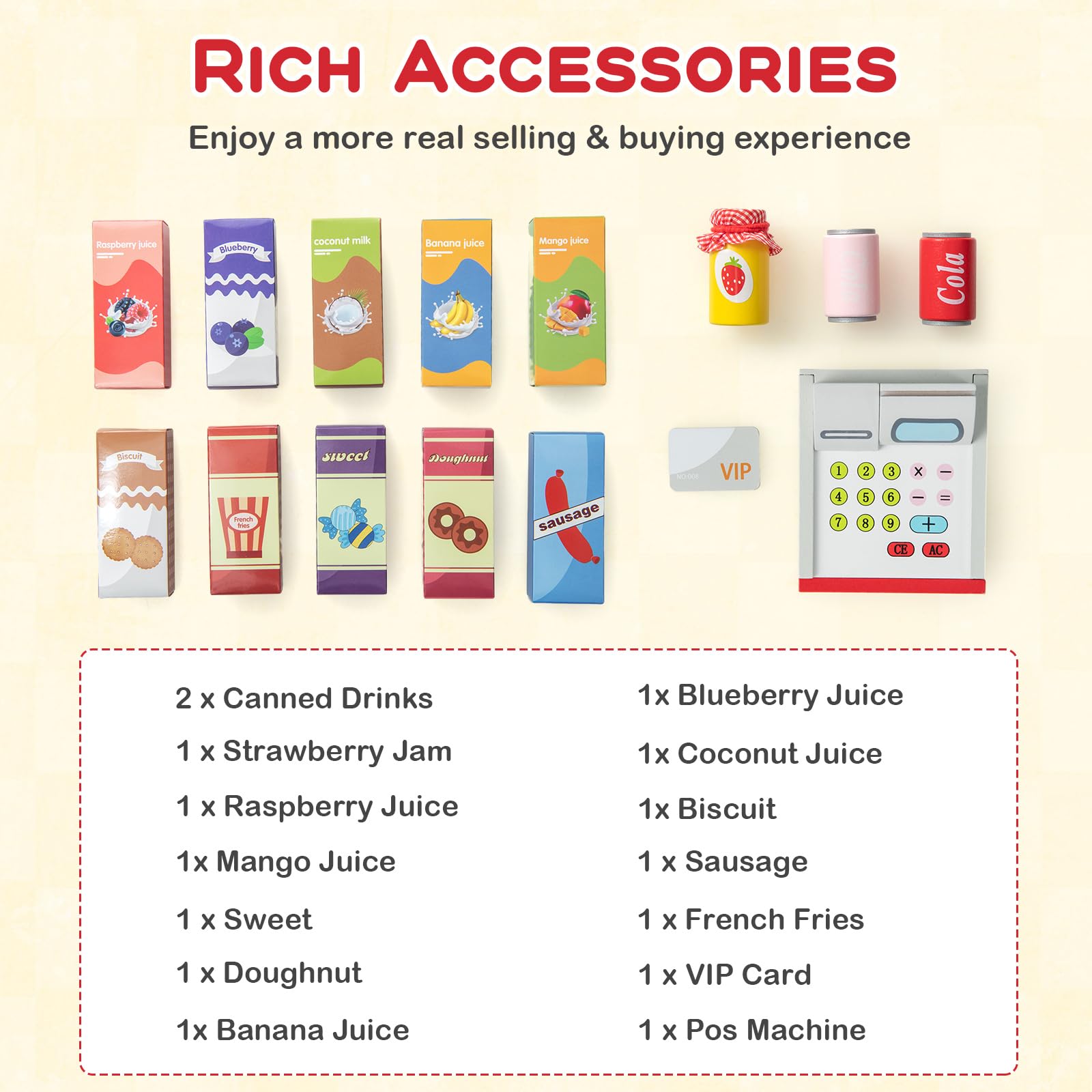 GLACER Wooden Kids Grocery Store Pretend Play Set with 15 Accessories - Cash Register, POS System, Vending Machine & Chalkboard - Educational Toy for Toddlers Ages 3-8 - Perfect Gift for Boys & Girls - Ideal for Role Play, Preschool Learning & Family Fun
