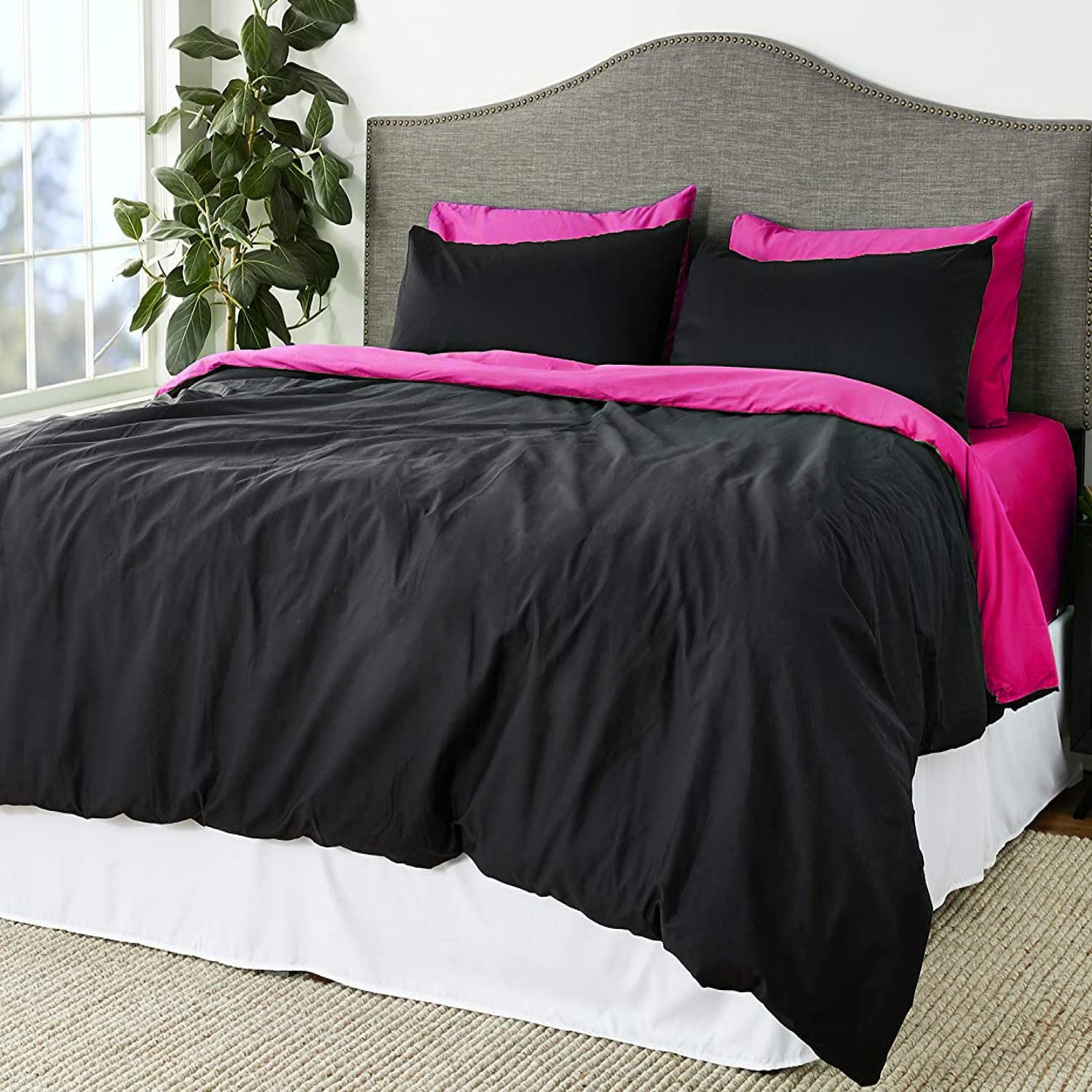 Reversible Cotton Comforter Set - Hot Pink & Black 4-Piece Twin Size Bedding | Soft & Breathable for Kids' Rooms, Dorms, and Guest Bedrooms