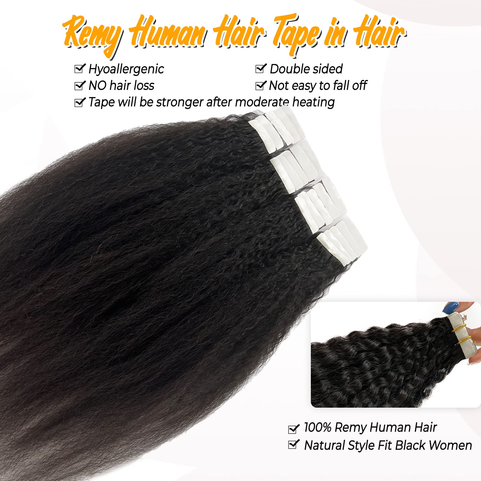 18 Inch Kinky Straight Tape-In Human Hair Extensions - 20 Pieces 50G, 100% Remy Human Hair, Invisible & Seamless for Black Women | Perfect for Styling, Volume Boost & Natural Look