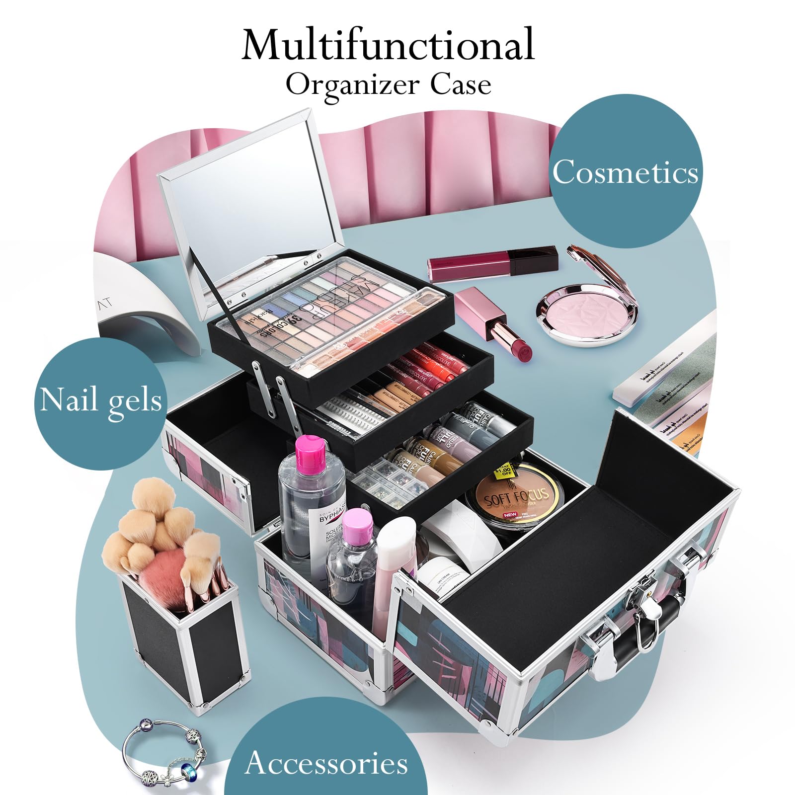 Professional 11.6 Inch Extra Large Makeup Train Case - 3-Tier Cosmetic Organizer with Mirror, Brush Holder & Lockable Keys - Modern Aquarelle Design for Travel, Salon & Professional Makeup Artists