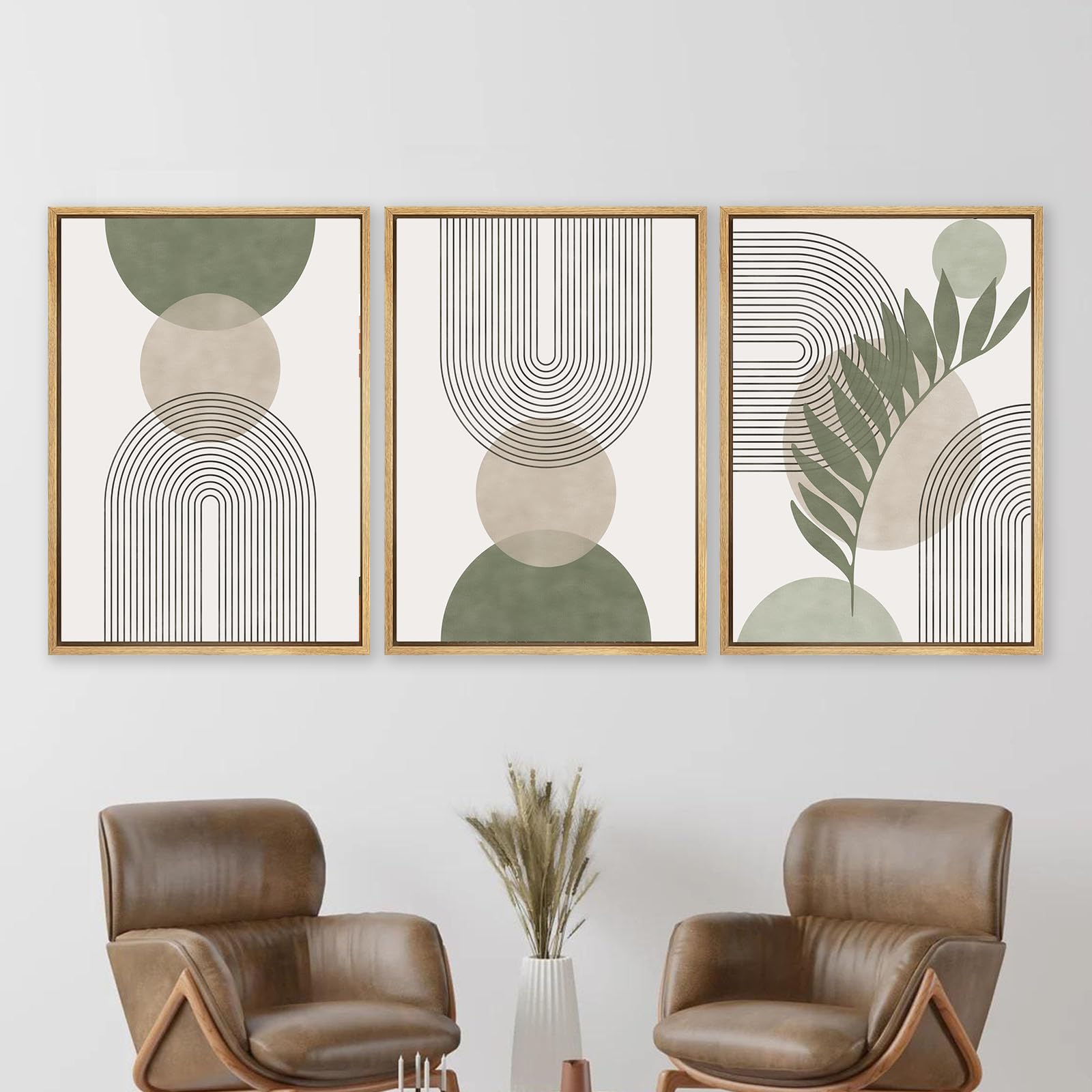 Sage Green Framed Wall Art Set of 3 - Minimalist Boho Decor with Geometric Leaf Sun Moon Design - Abstract Botanical Canvas Prints for Living Room, Bedroom & Office Decor