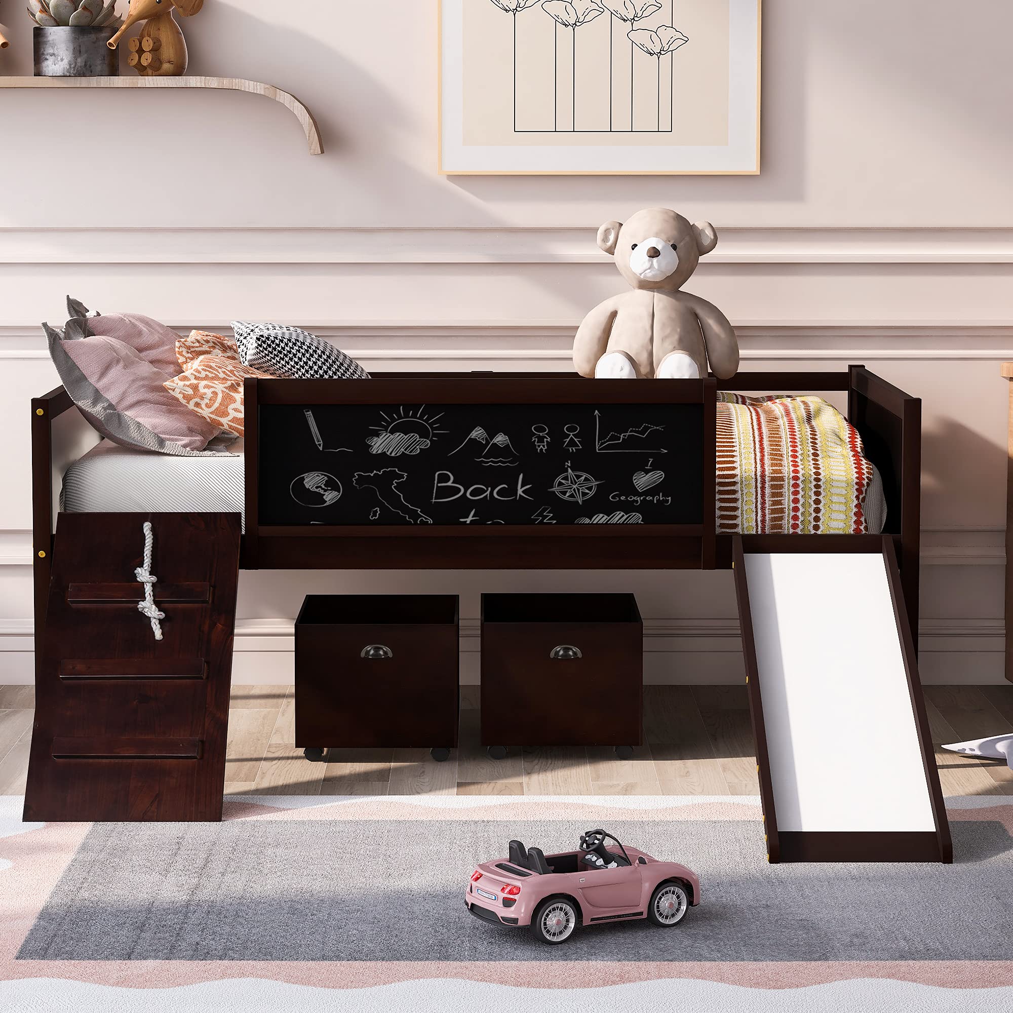 GLCHQ Solid Wood Twin Kids Loft Bed with Slide & Storage - Multifunctional Space-Saving Design for Boys & Girls Bedroom (Espresso Finish with 2 Storage Boxes) - Perfect for Small Rooms, Play Areas & Shared Kids' Spaces