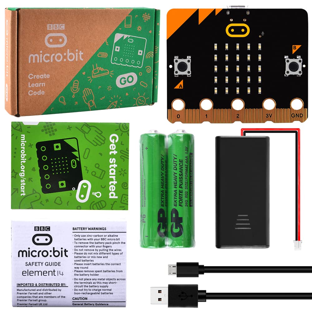 GeeekPi Micro:bit V2 Go Kit - Original BBC Micro:bit V2 Starter Kit with Board, Battery Holder, 2 AAA Batteries & USB Cable | Coding, Programming & STEM Education for Kids & Beginners