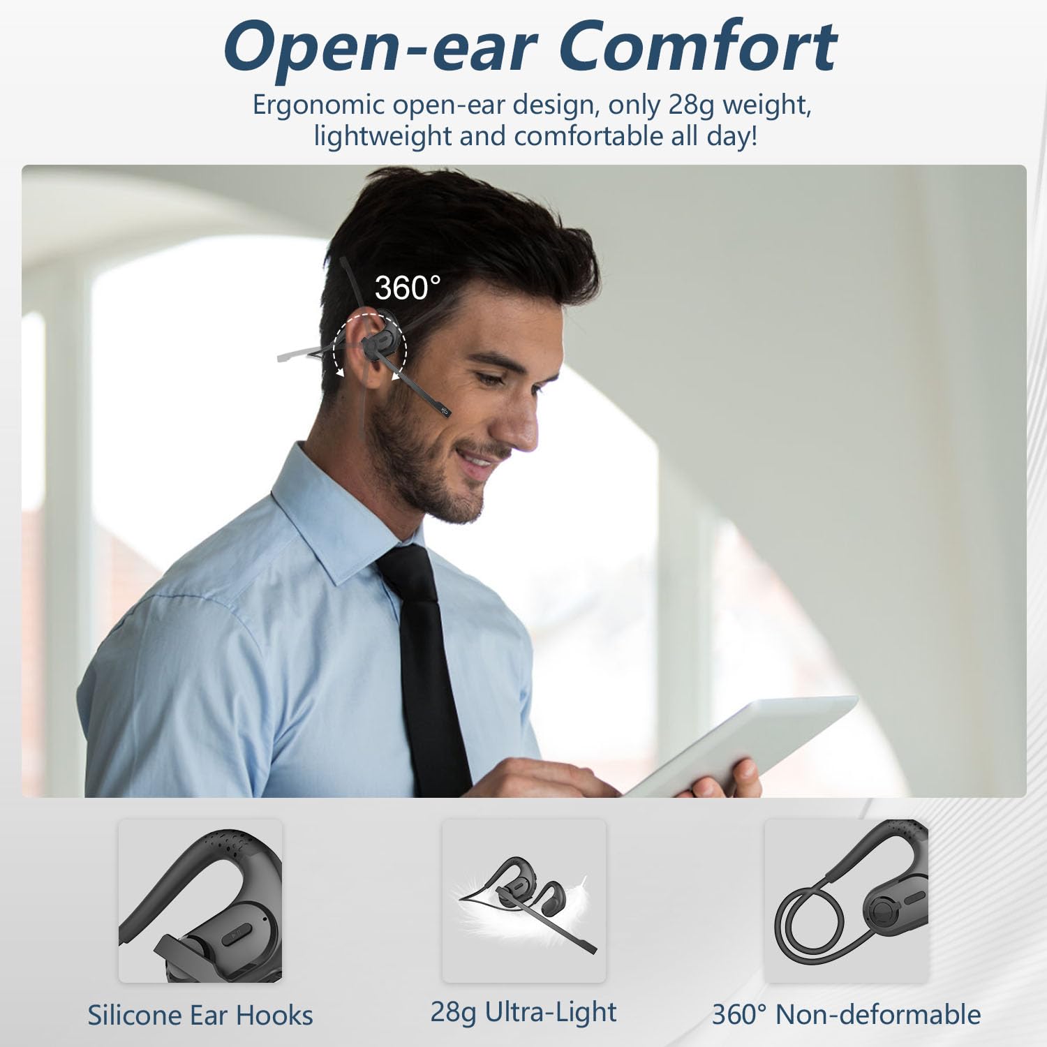 BANIGIPA Bluetooth Headset with Detachable Mic - Wireless Noise Cancelling Headphones for Phone, Laptop, PC - Open Ear Design for Office Meetings, Running, Cycling, Driving & Work - 12 Hour Battery Life - Perfect for Remote Work, Gym, Travel & Online Classes