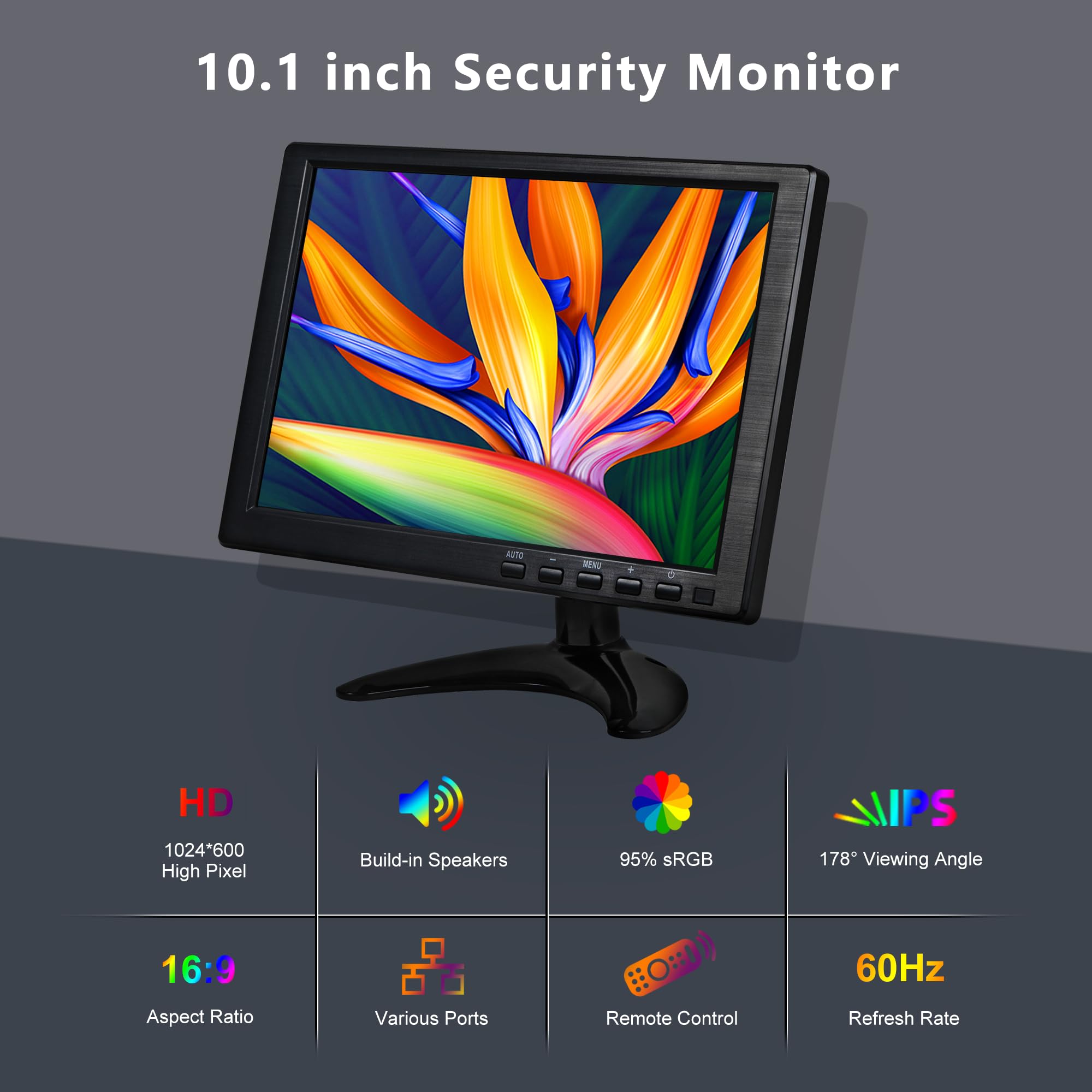 10.1 Inch Portable CCTV Monitor - 1024x600 IPS Screen with Built-in Speakers, Stand & Remote - HDMI/VGA/BNC/USB Inputs for Security Cameras, Xbox, PC - Ideal for Home Surveillance & Gaming Setup