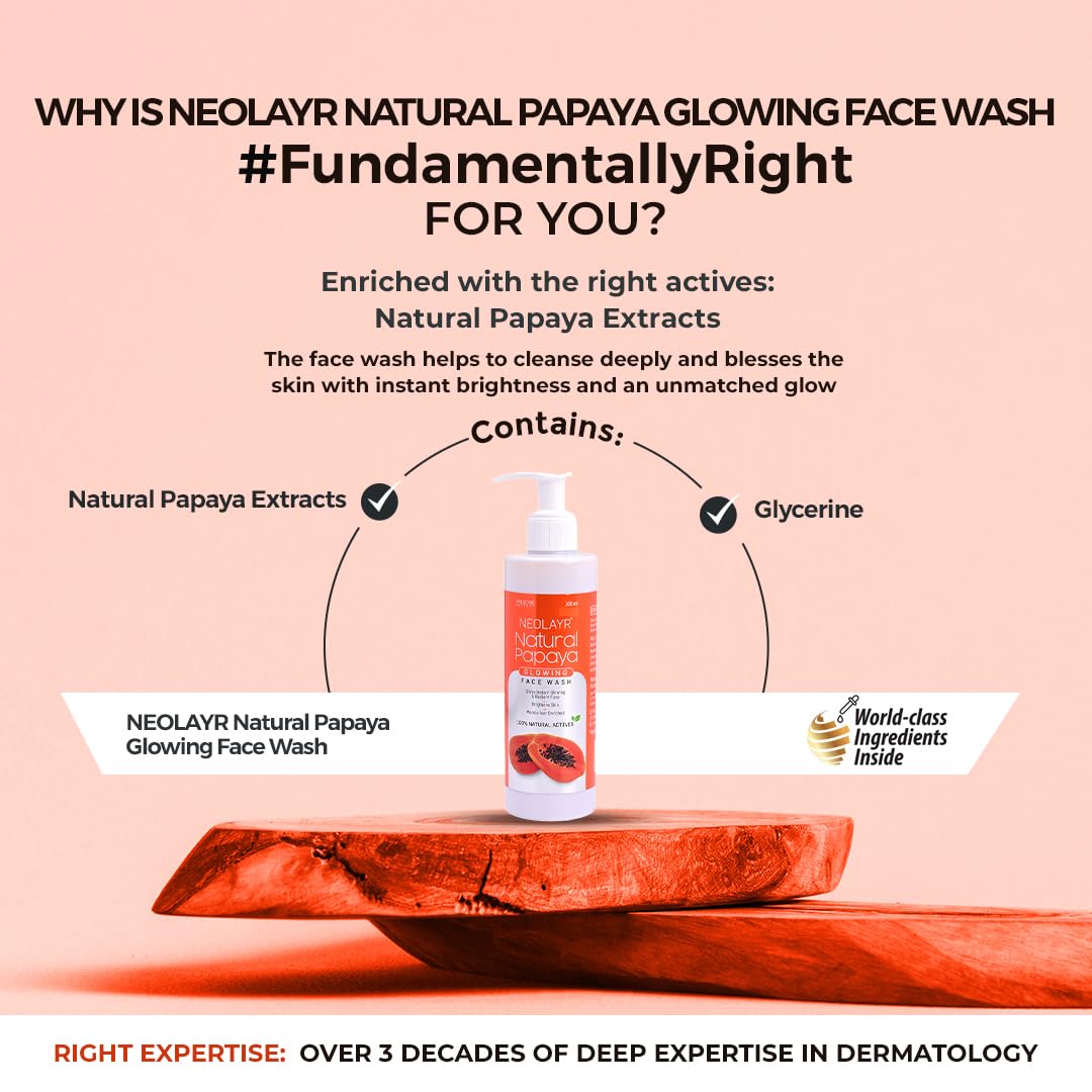Neolayr Natural Papaya Glowing Face Wash with Papaya Extracts - Brightening & Moisturizing Cleanser for Radiant Skin (200ml) | Perfect for Daily Skincare Routine & Achieving a Healthy Glow