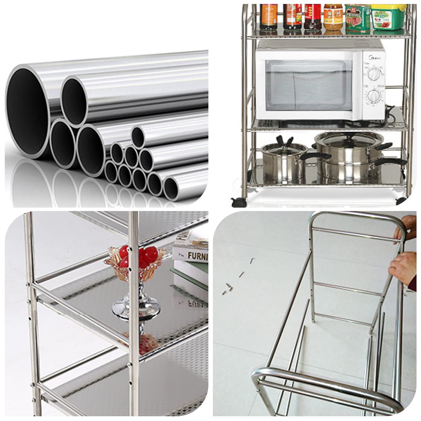3-Tier Stainless Steel Utility Cart with Wheels & Handle - Rolling Serving Cart for Kitchen, Office, Catering - Food Storage Trolley & Display Shelf for Home, Restaurant, and Commercial Use