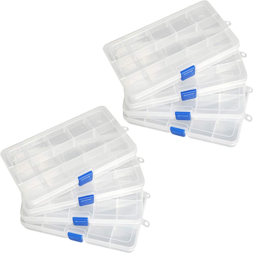 Qualsen 8 Pack Clear Plastic Storage Box with Adjustable Dividers - 15 Grid Craft Organizer for Beads, Fishing Tackle & Office Supplies | Perfect for DIY, Jewelry Making & Home Organization