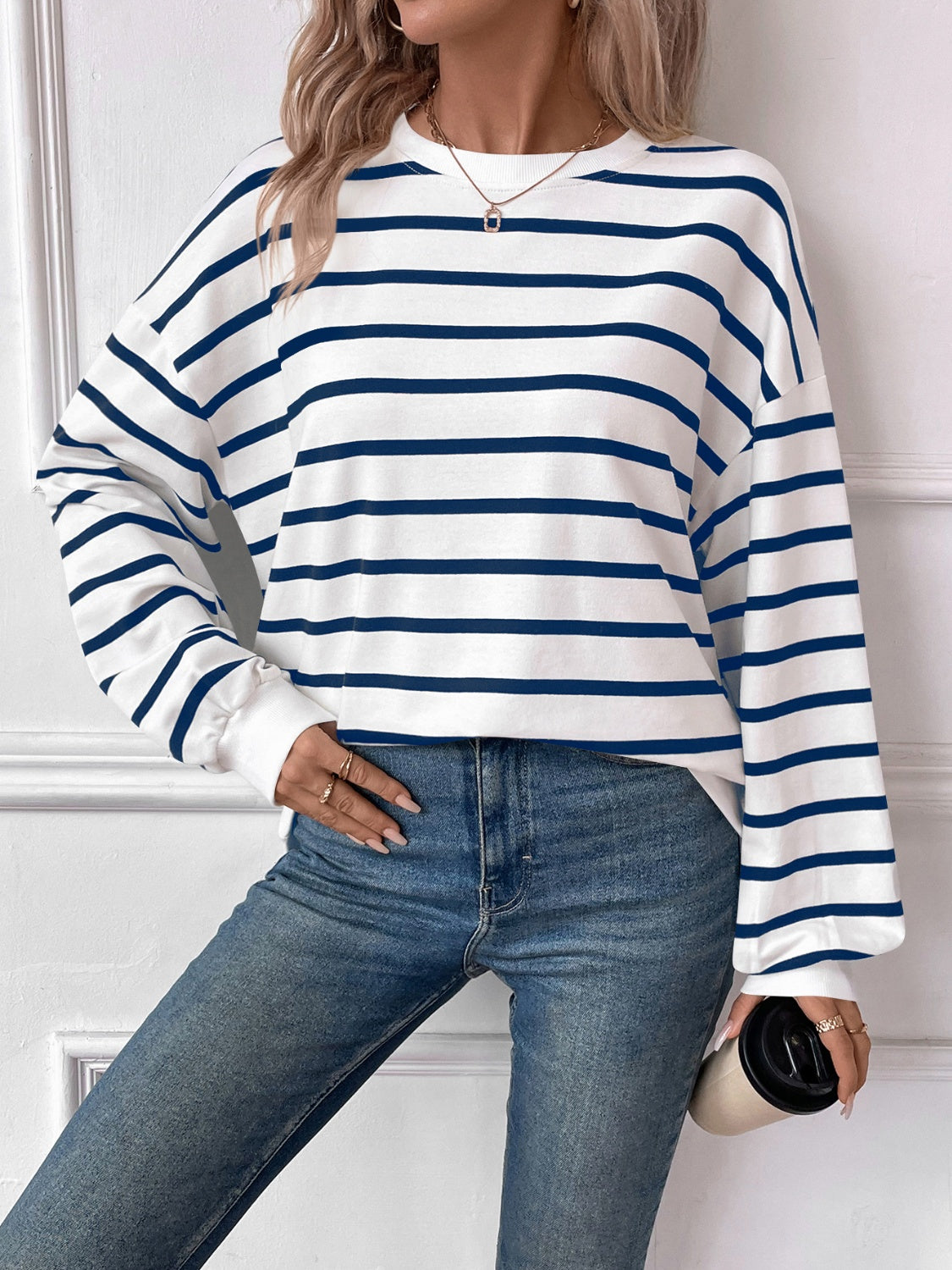 Lovelet Striped Round Neck Long Sleeve Sweatshirt for Women - Cozy Casual Pullover Top for Fall & Winter - Perfect for Lounge, Workout, and Everyday Wear