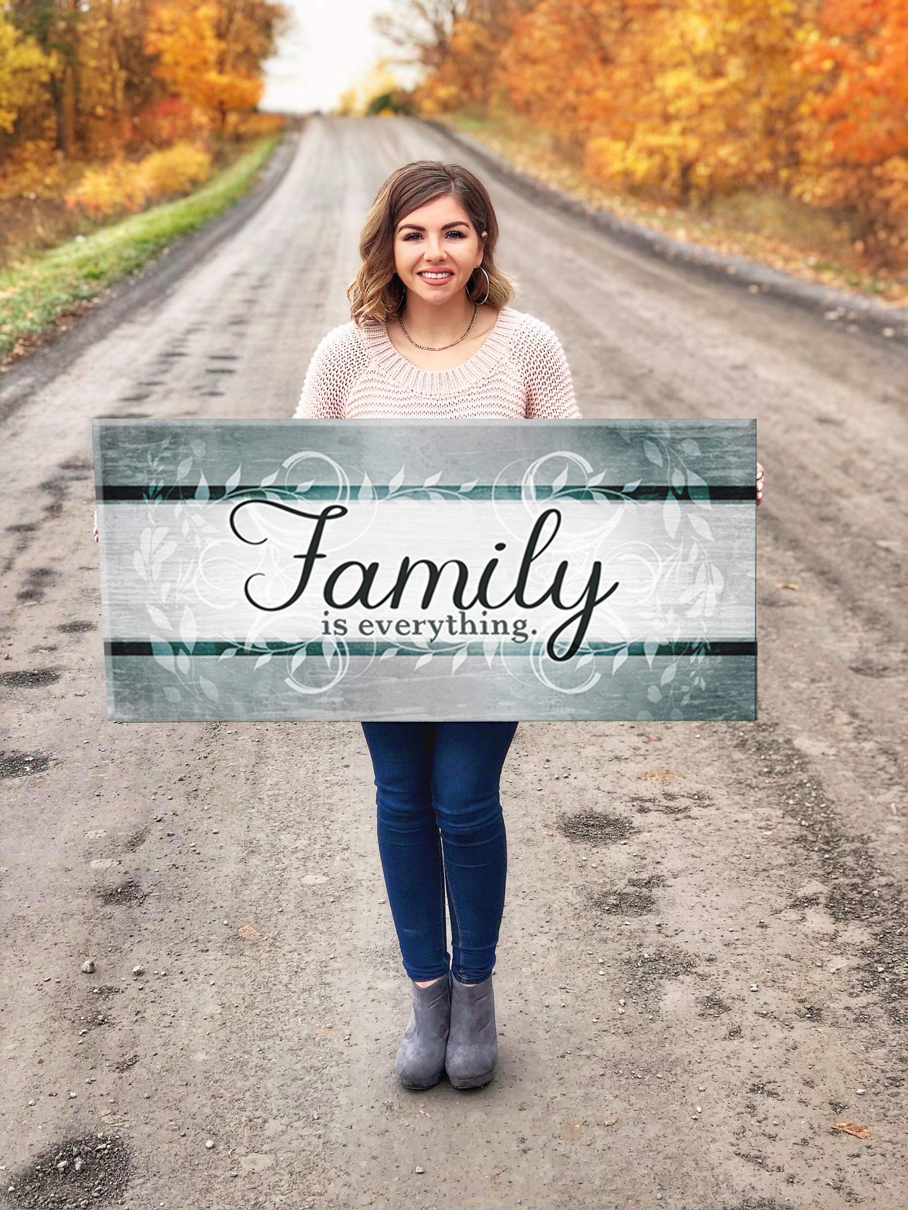 Family Is Everything Framed Wall Art - Large 60x27 Inch Canvas Print, Farmhouse Decor for Living Room & Family Room, Perfect Home Décor Gift (Teal V2)