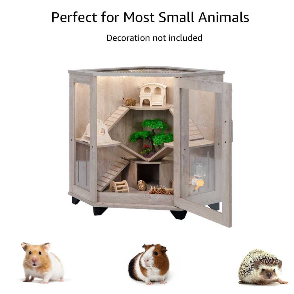 Unipaws Clear Acrylic Small Animal Cage with Ramp & House - Chinchilla, Rat, Hedgehog, Hamster, Mice Habitat - Perfect for Corner Spaces in Home, Office or Classroom