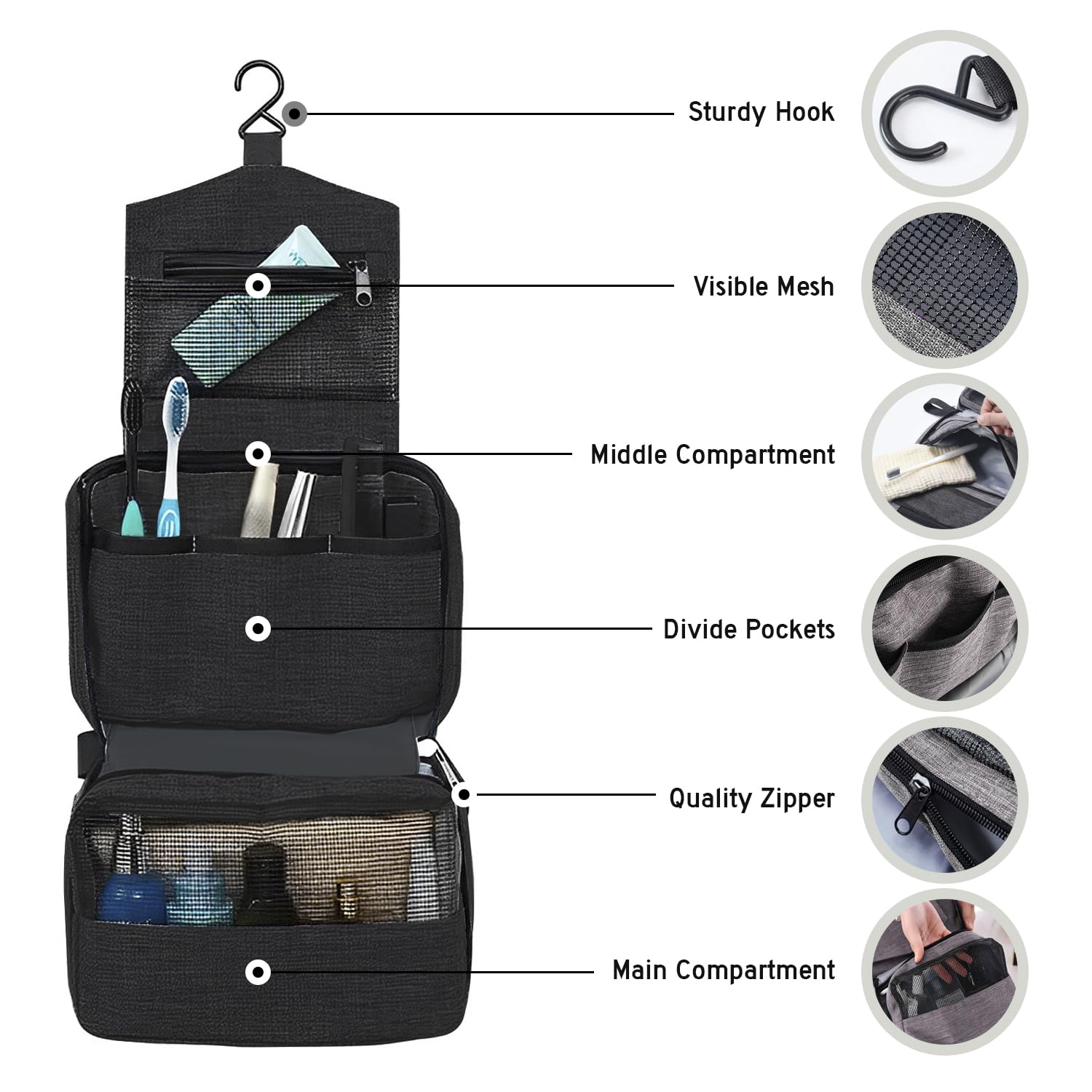 Travel Makeup Bag for Women - Small Cosmetic Organizer with 3 Compartments, Polyester Vanity Pouch for Makeup Brushes & Beauty Essentials (Black) - Perfect for Vacation, Gym & Daily Use