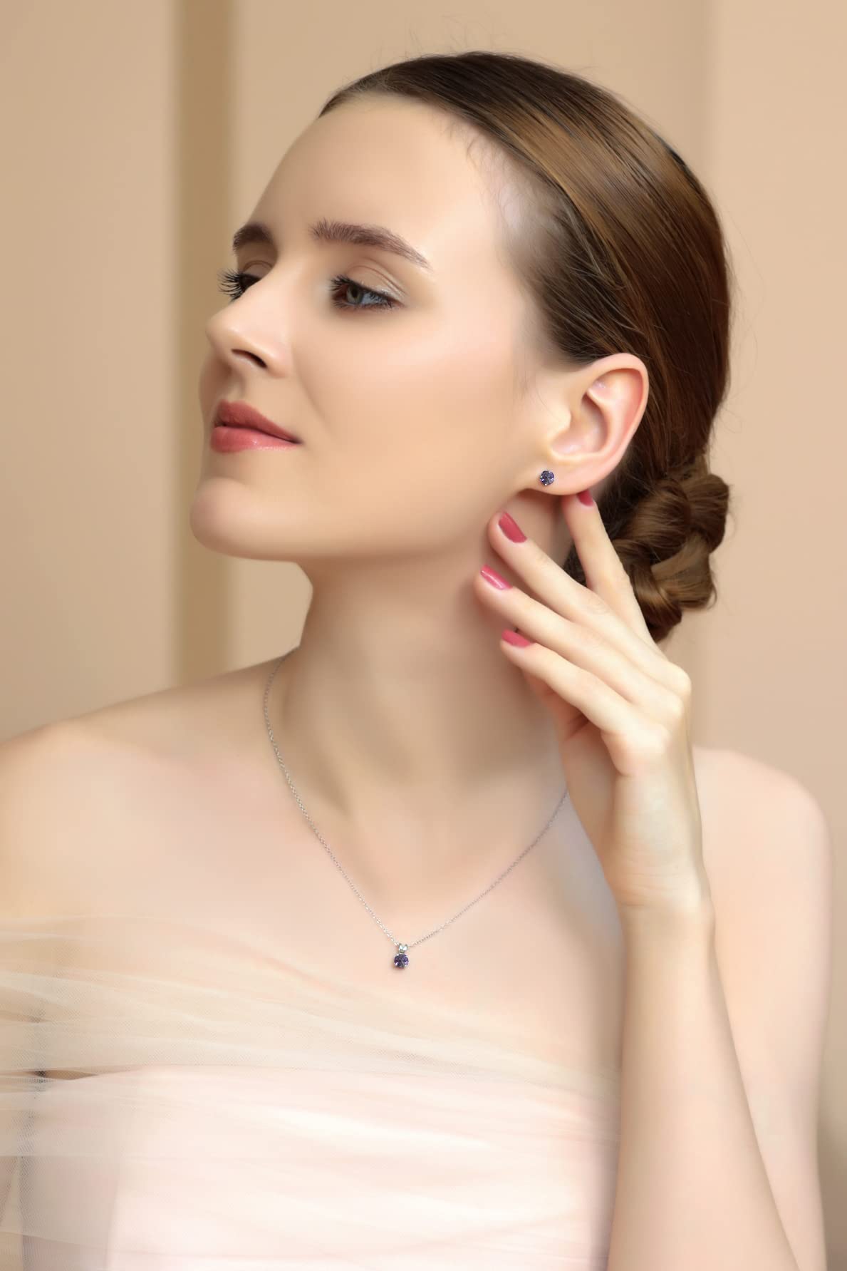 Women's Jewelry Set - Sterling Silver Necklace & Earrings with 5mm Round Birthstone (Genuine/Synthetic Gem) | Perfect for Gifts, Anniversaries & Everyday Wear