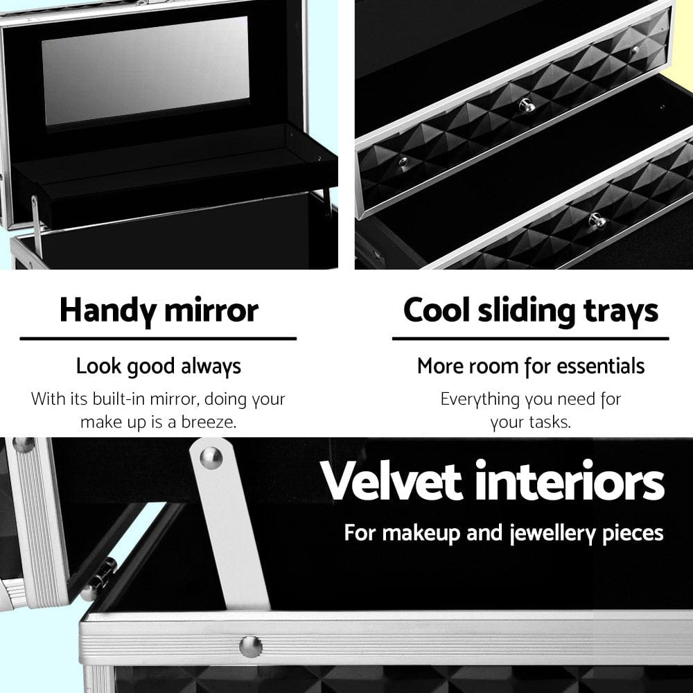 Embellir Portable Cosmetic Makeup Organizer Case with Mirror - Diamond Black Design for Travel, Home & Professional Use