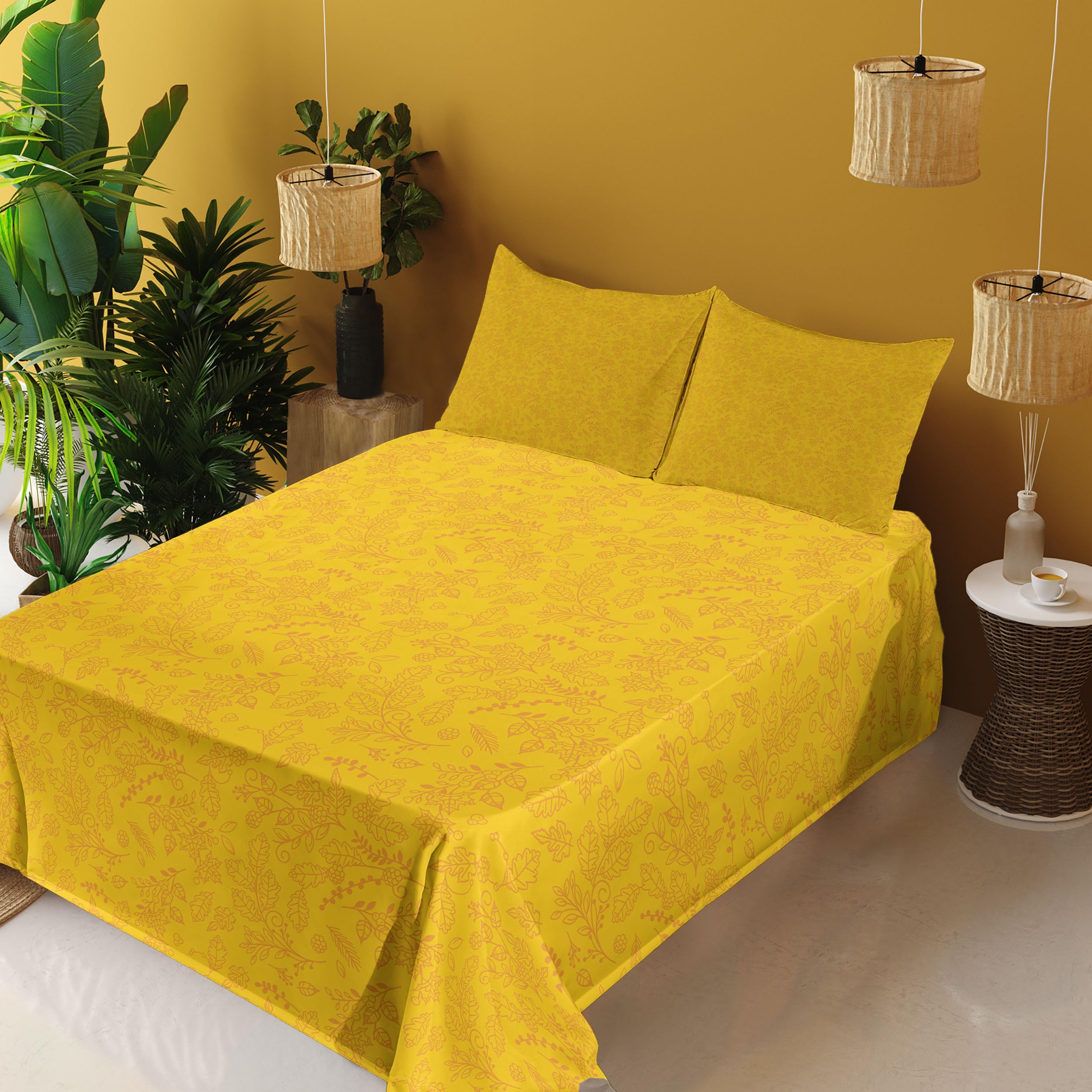 Ambesonne Floral King Sheet Set - 4 Piece Autumn Bay Leaf & Blueberry Pattern Bedding with Fitted Sheet, Flat Sheet & Pillowcases | Marigold Fall Decor for Cozy Seasonal Bedroom Styling