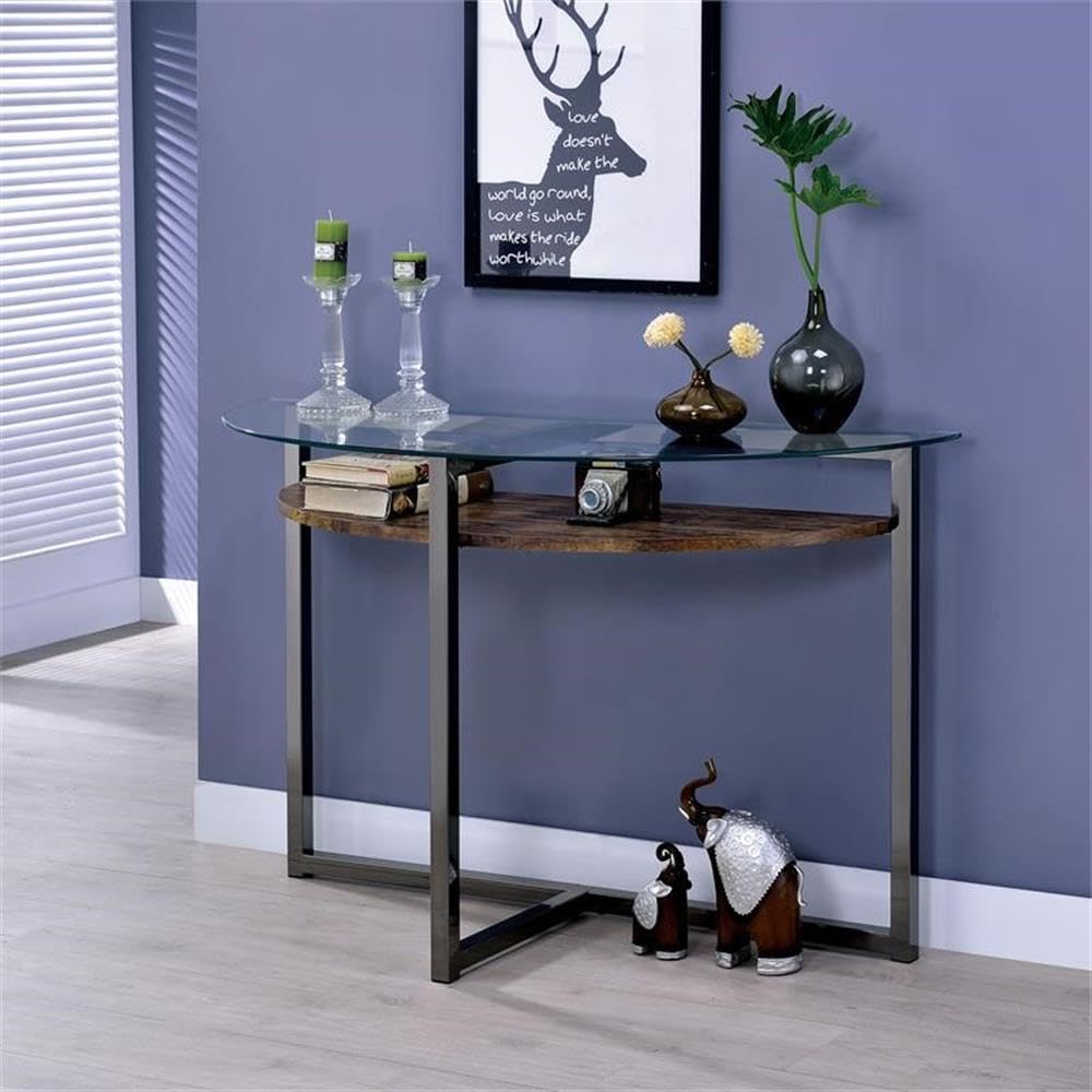 Barker Industrial Black Chrome Glass Top Console Table - Modern Entryway & Hallway Furniture for Home & Office Decor