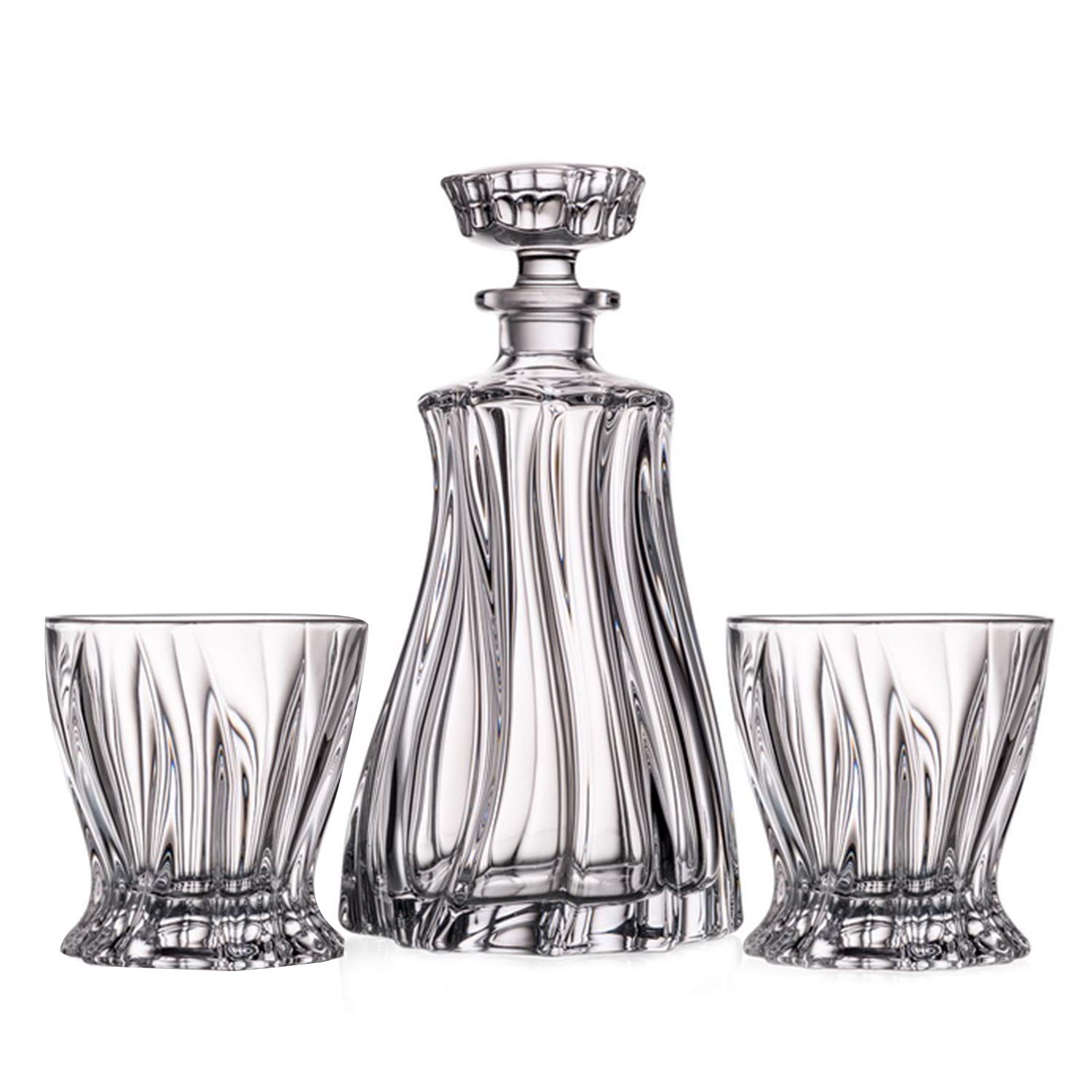 Bohemian Crystal Whiskey Decanter Set with 2 Glasses - 3 Piece Clear Barware for Bourbon Scotch & Liquor - Perfect for Home Bars, Gifts & Entertaining